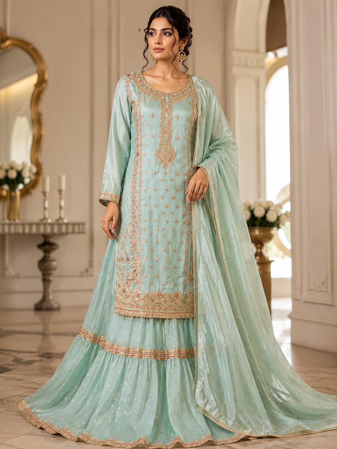 FL-04 - Apple Green - Shesha Silk Farshi Lehenga 3 Piece Set