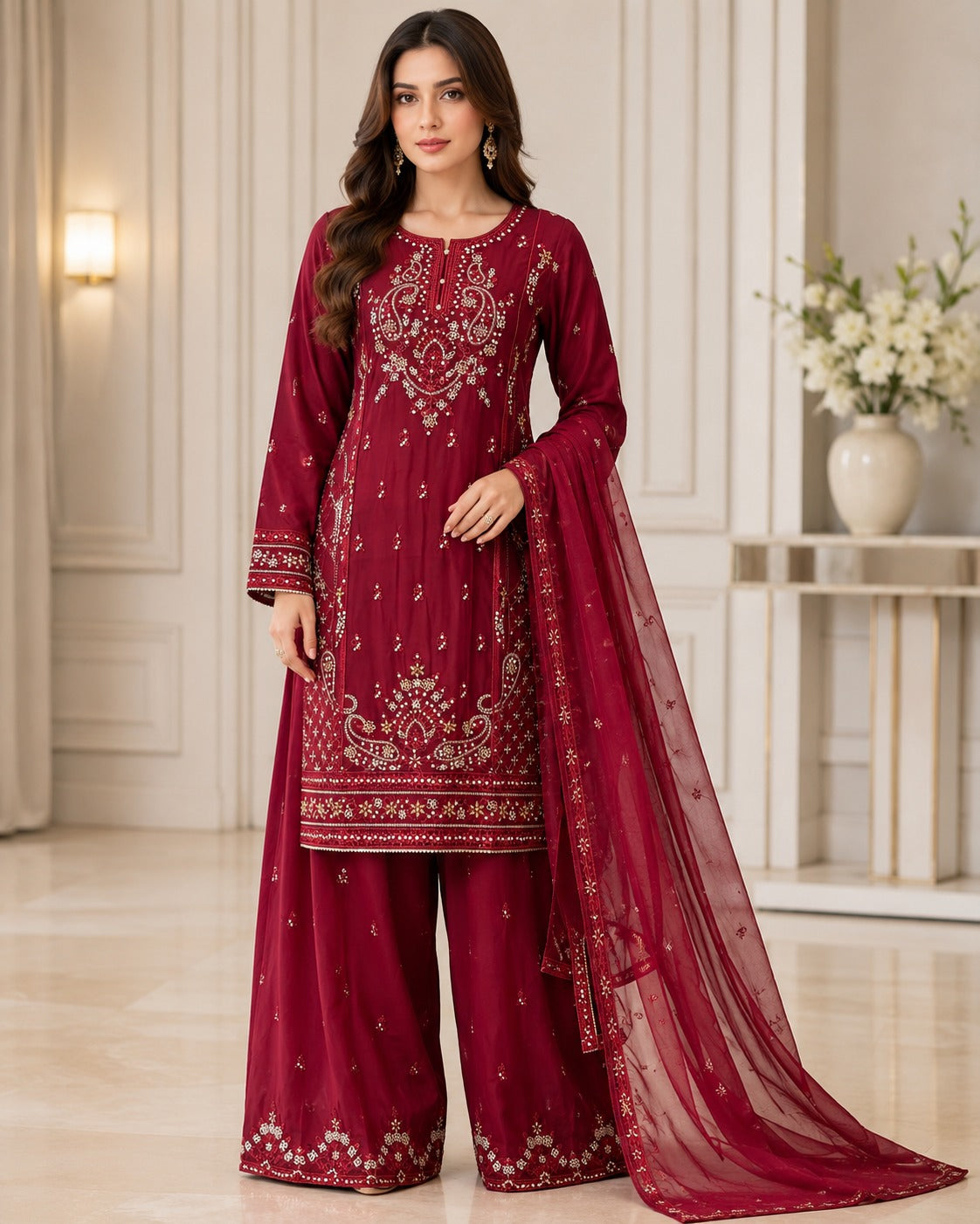 CH-02 - Maroon - Embroidered Chiffon 3 Piece Wide Leg Suit
