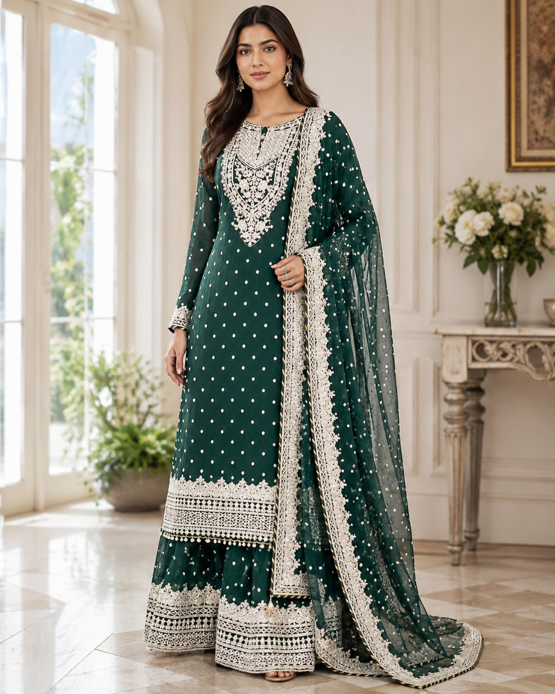 CH-01 - Bottle Green - Embroidered Chiffon 3 Piece Wide Leg Suit