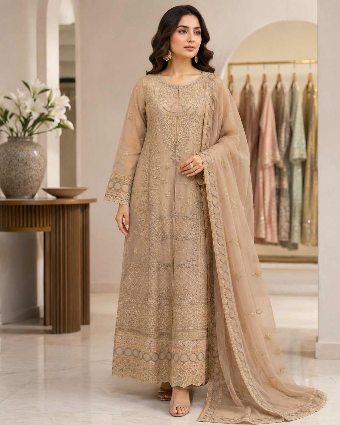 CHM-03 - Taupe - Embroidered Chiffon Full Maxi with Dupatta