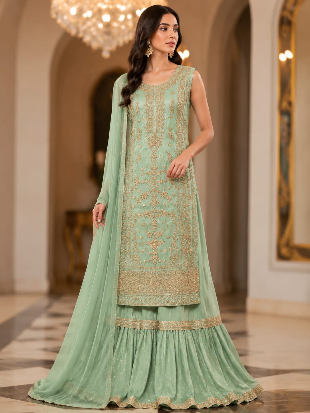 FL-05 - Apple Green - Shesha Silk Farshi Lehenga 3 Piece Set