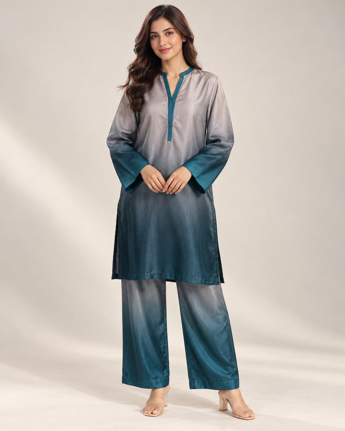SP-216 - Silk 2 Piece Co-Ord Set - Grey Teal Ombre