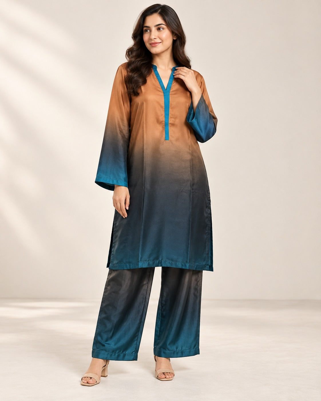 SP-220 - Silk 2 Piece Co-Ord Set - Rust Blue Ombre