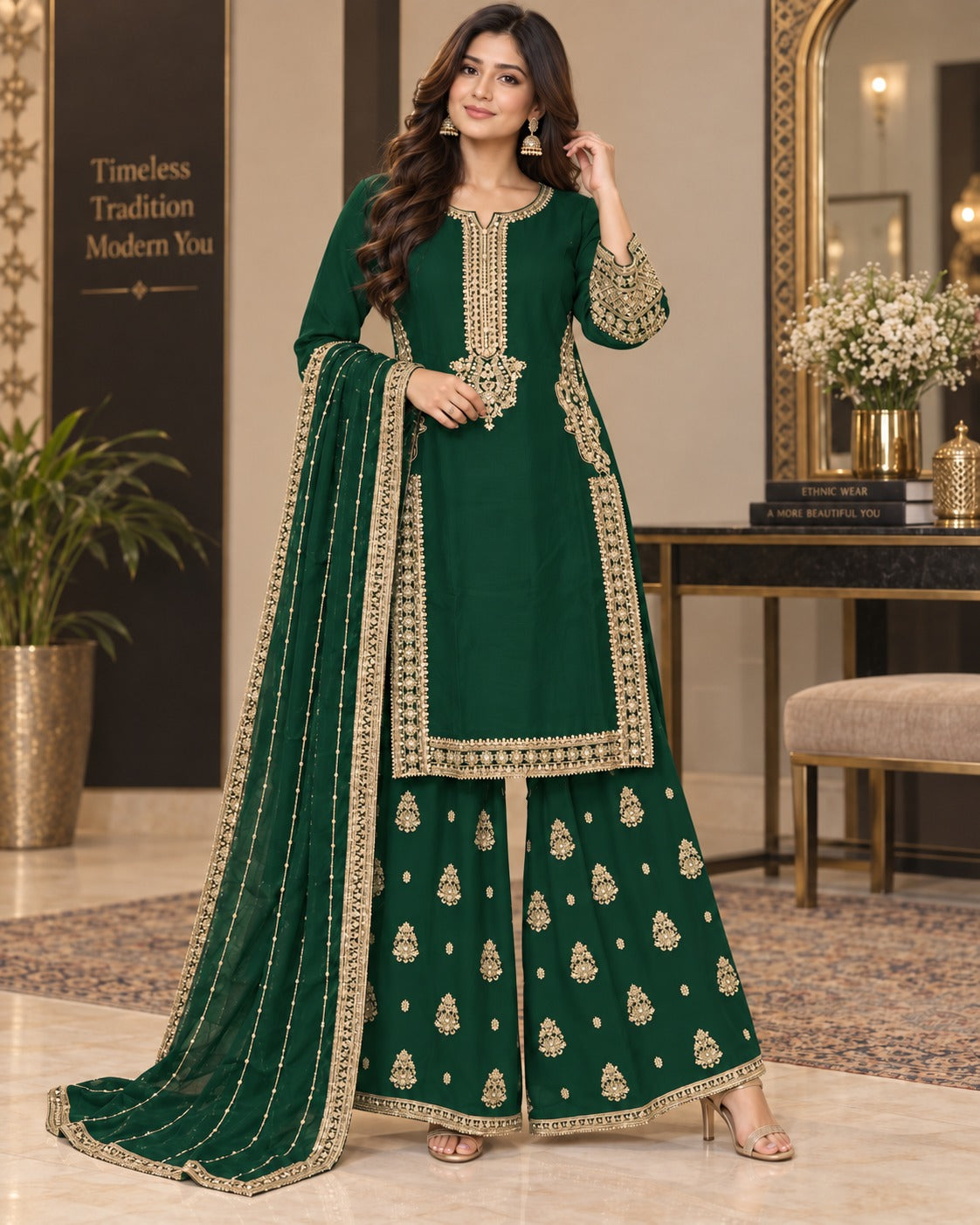 BMC-001 Chiffon Long Shirt with Wide Leg Palazzo 3 Piece Suit