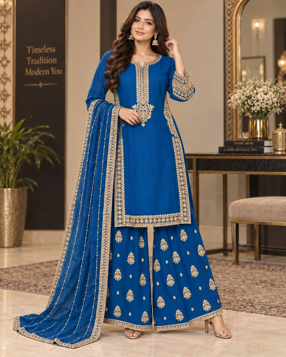 BMC-001 Chiffon Long Shirt with Wide Leg Palazzo 3 Piece Suit