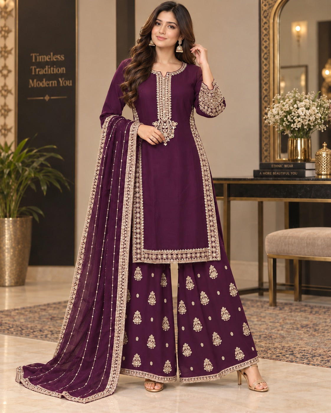 BMC-001 Chiffon Long Shirt with Wide Leg Palazzo 3 Piece Suit