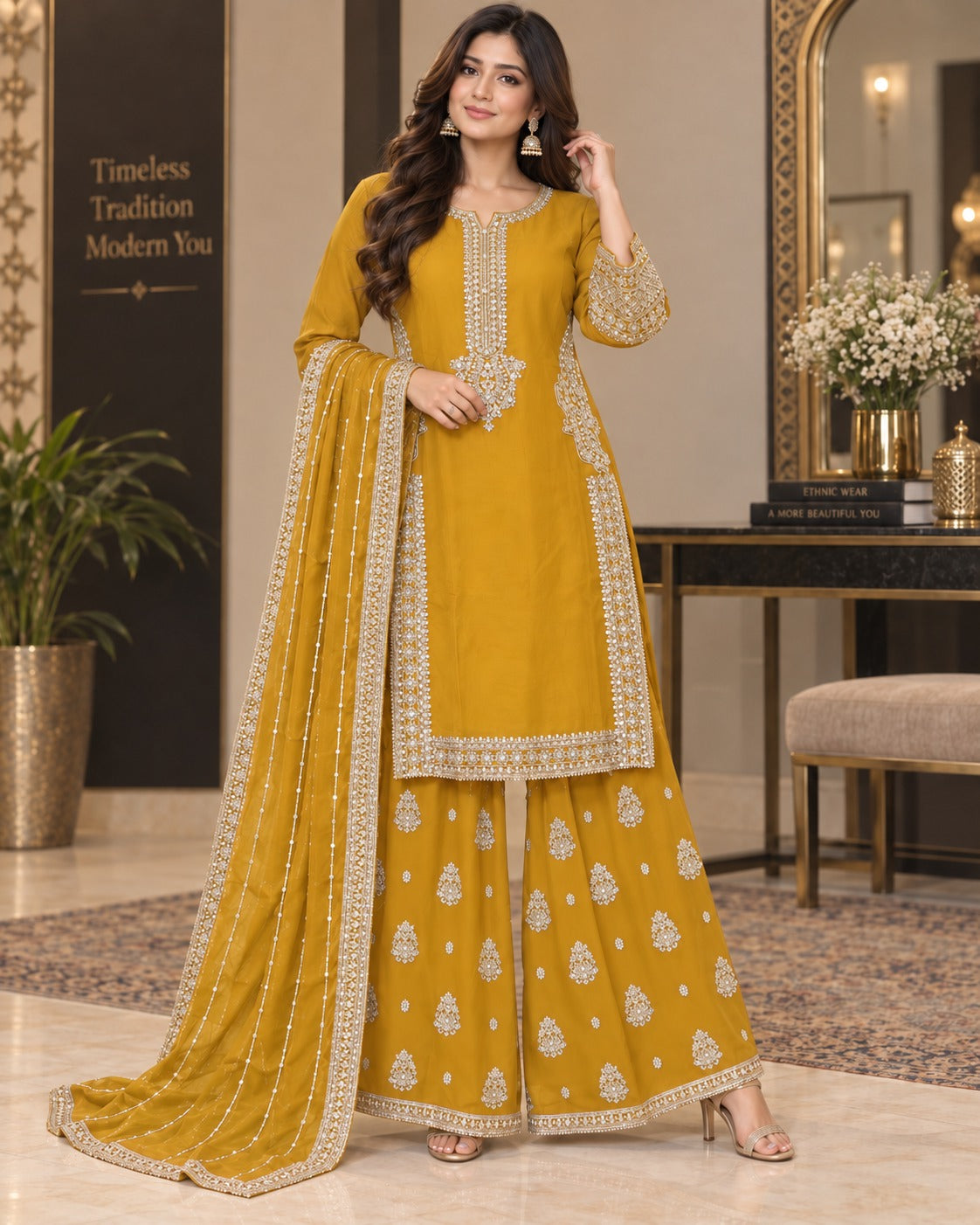BMC-001 Chiffon Long Shirt with Wide Leg Palazzo 3 Piece Suit