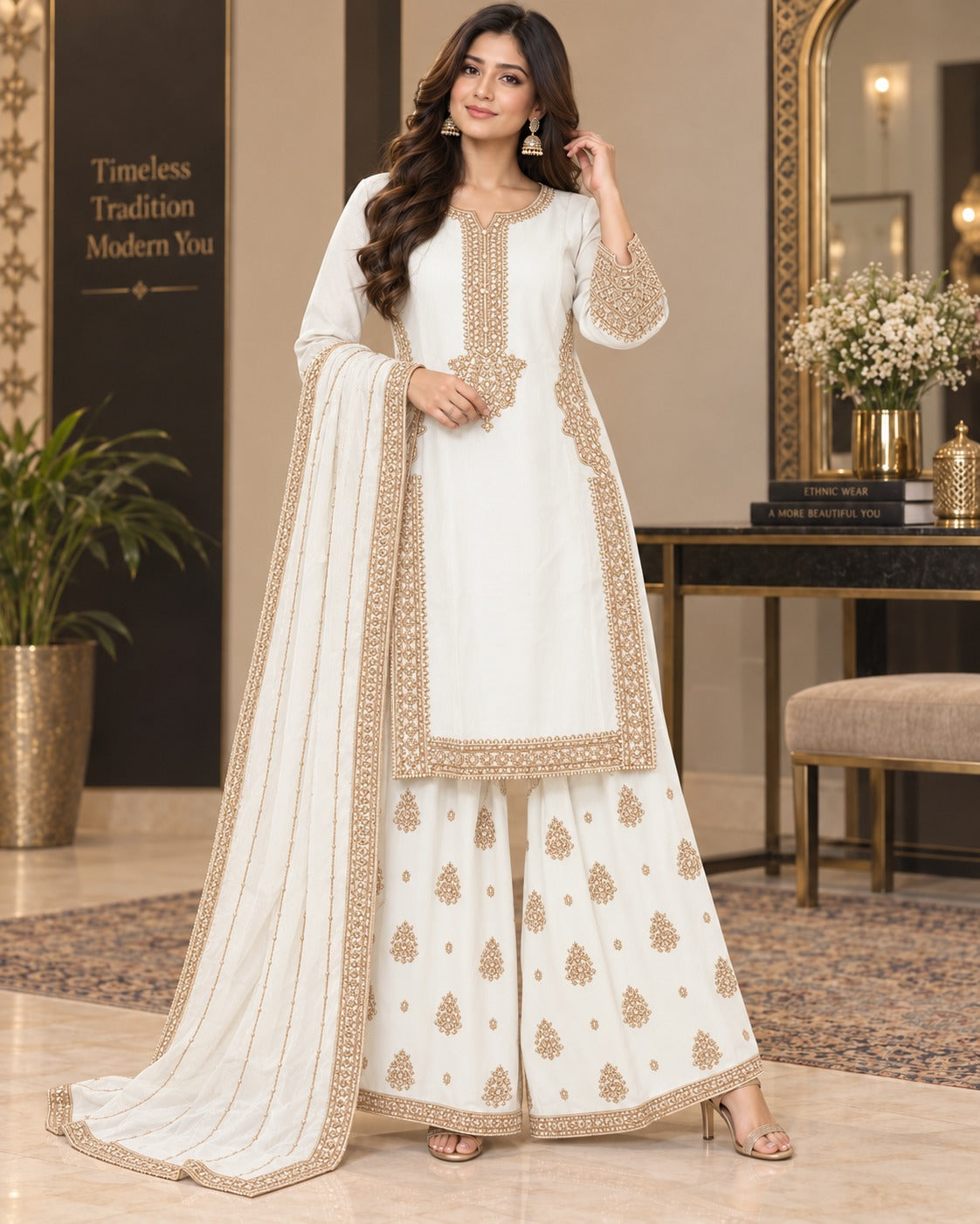 BMC-001 Chiffon Long Shirt with Wide Leg Palazzo 3 Piece Suit