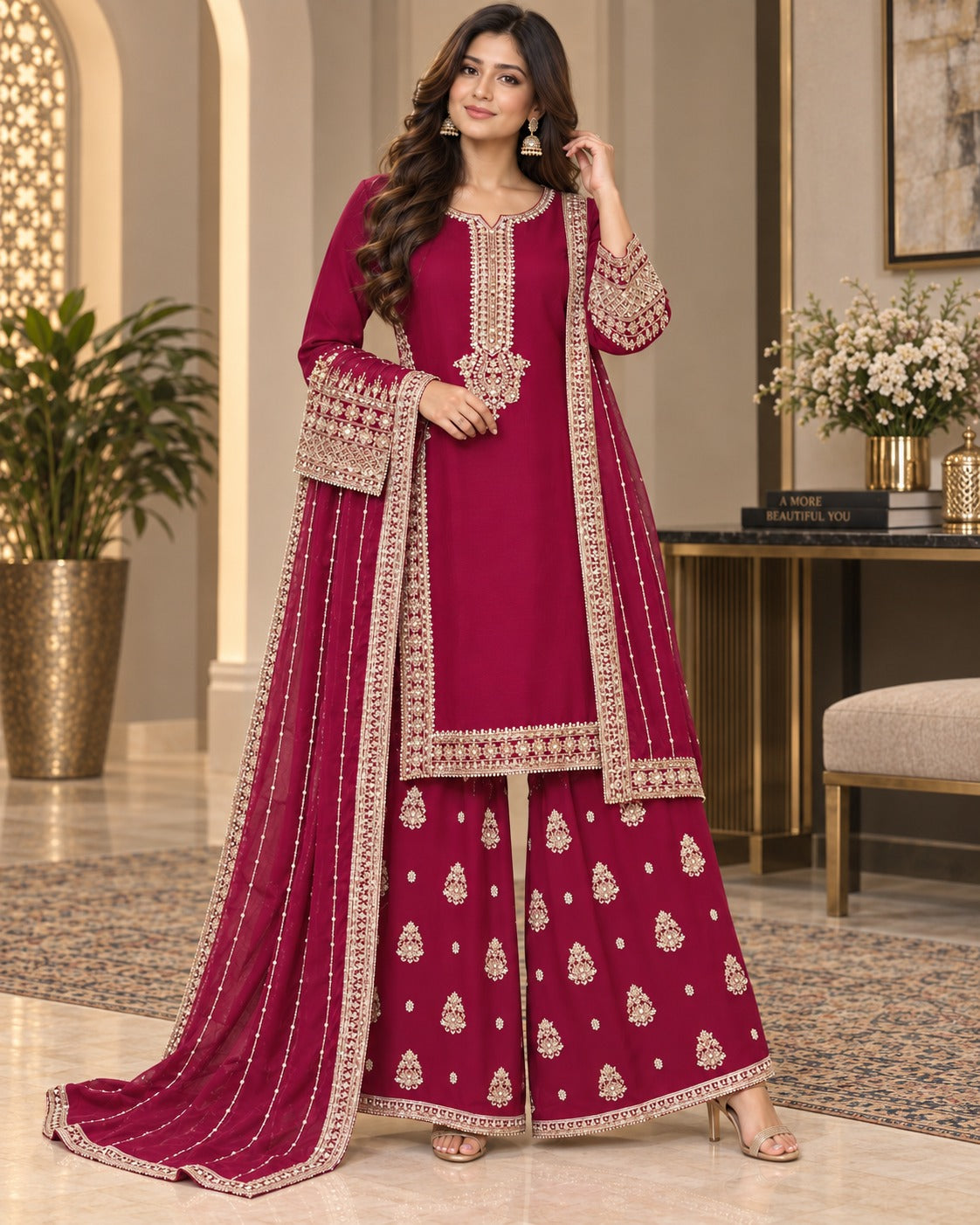BMC-001 Chiffon Long Shirt with Wide Leg Palazzo 3 Piece Suit