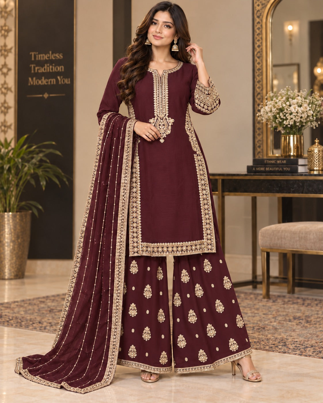 BMC-001 Chiffon Long Shirt with Wide Leg Palazzo 3 Piece Suit