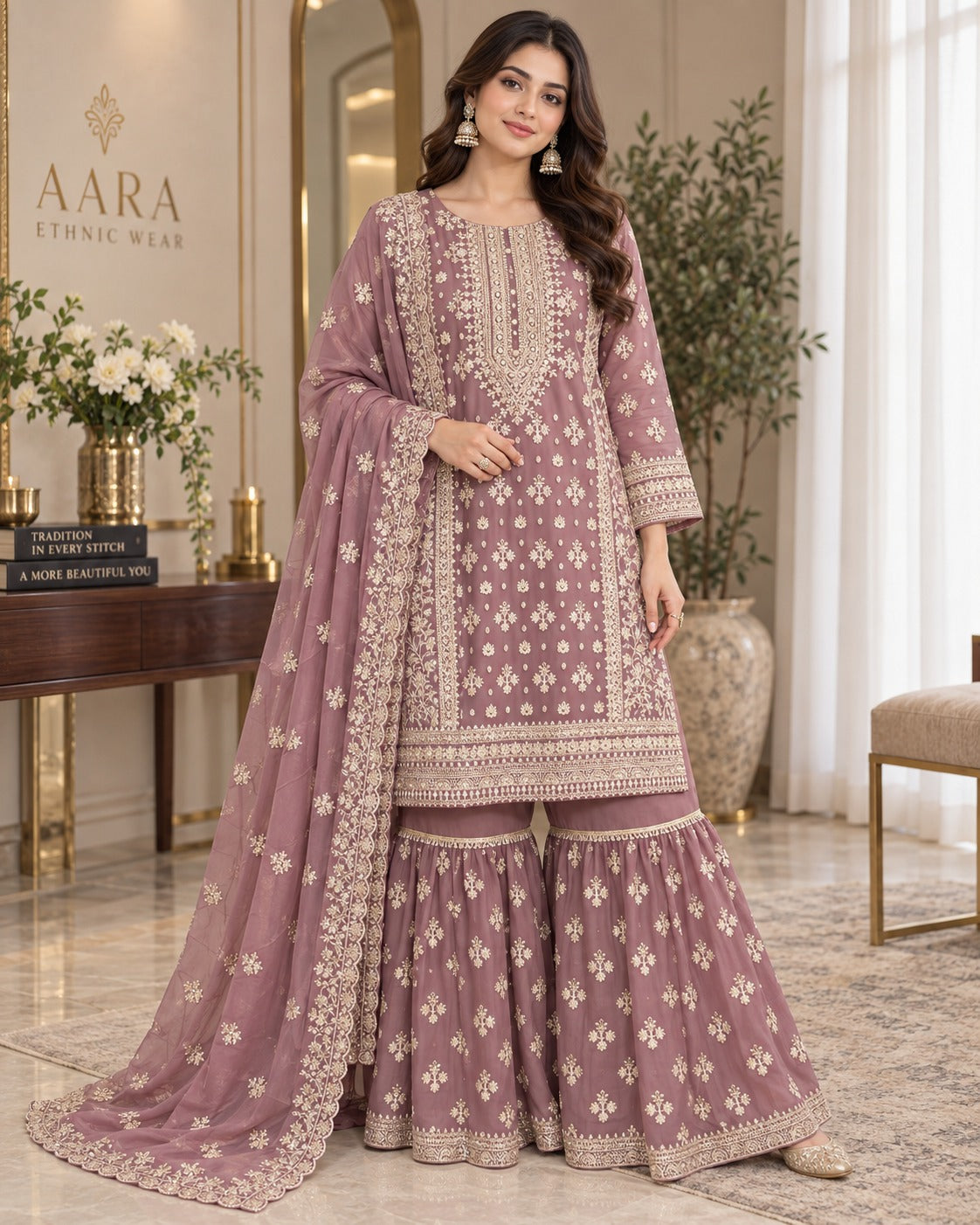 BMG-264 Luxury Embroidered Chiffon Gharara 3 Piece Suit