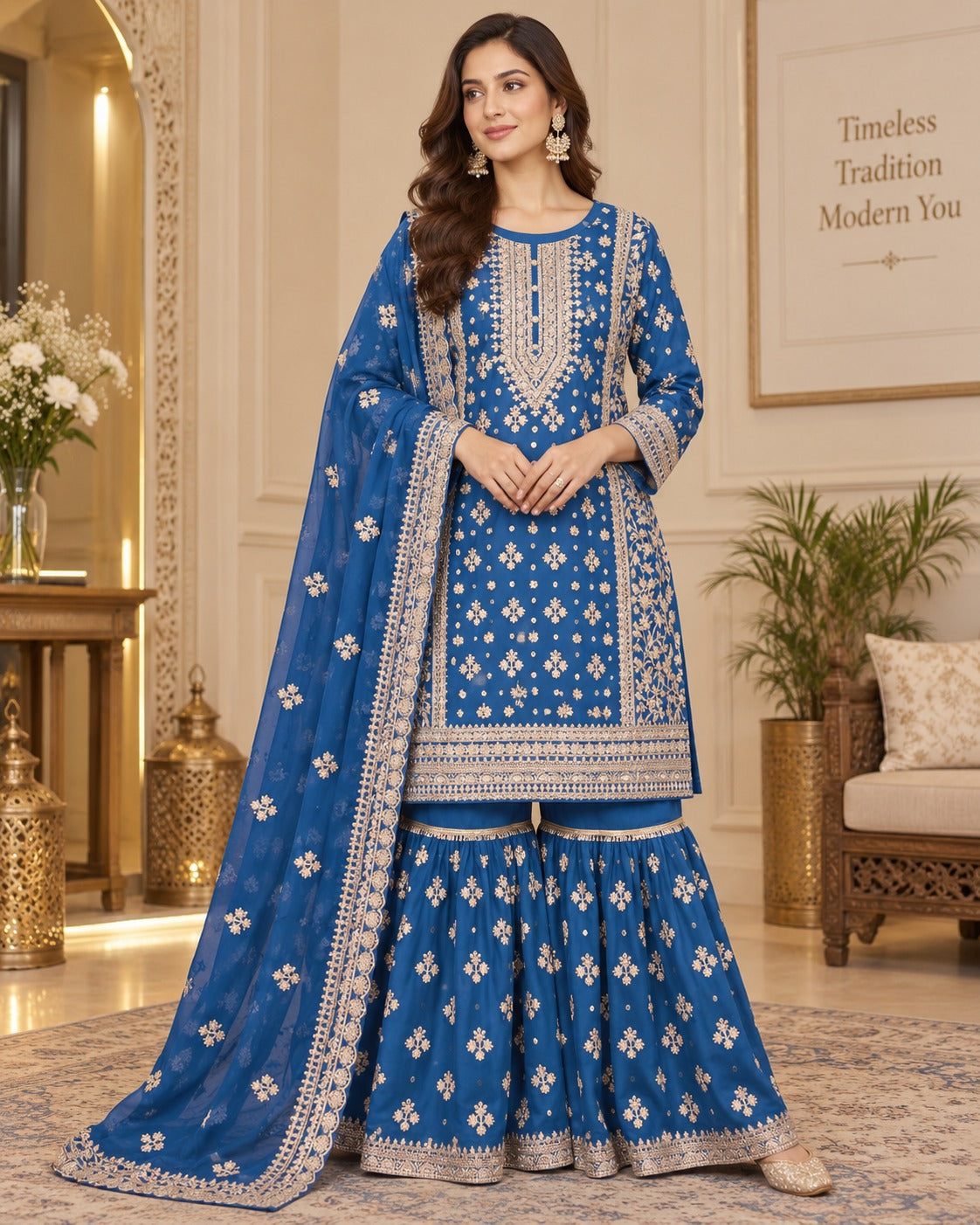 BMG-264 Luxury Embroidered Chiffon Gharara 3 Piece Suit
