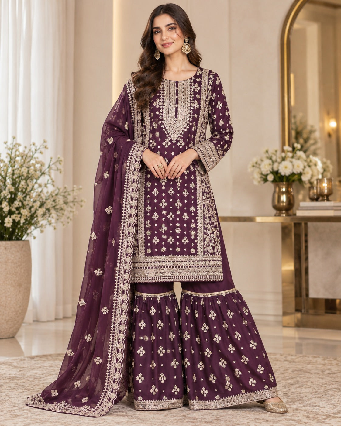 BMG-264 Luxury Embroidered Chiffon Gharara 3 Piece Suit