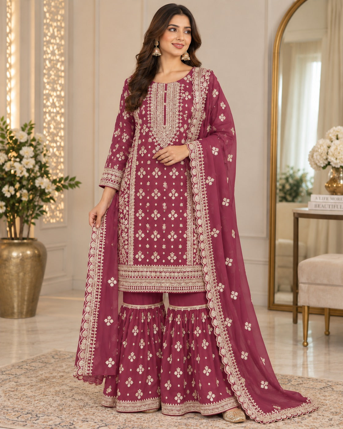 BMG-264 Luxury Embroidered Chiffon Gharara 3 Piece Suit