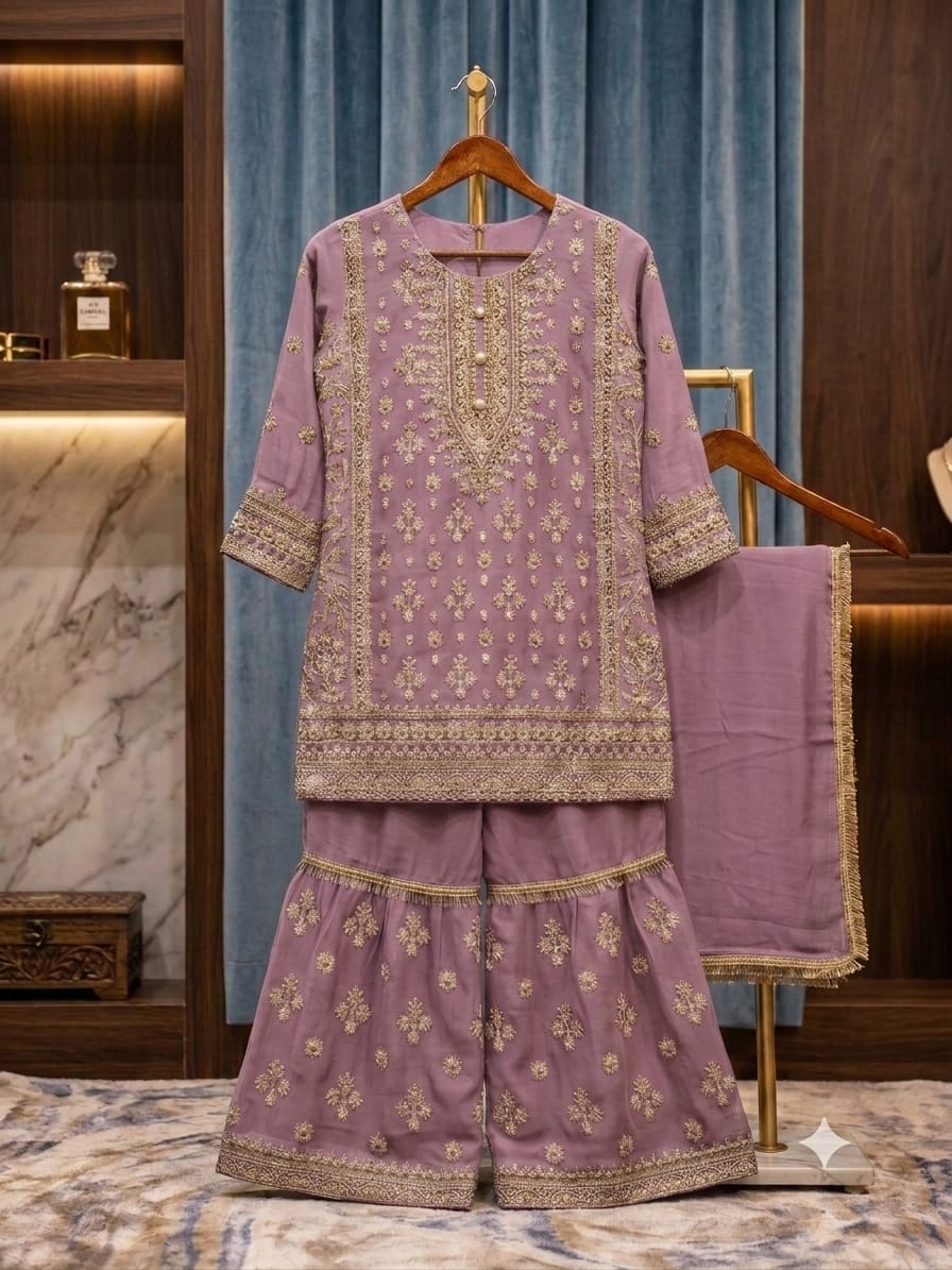 BMK-021 Luxury Girls Embroidered Chiffon Gharara 3 Piece Set