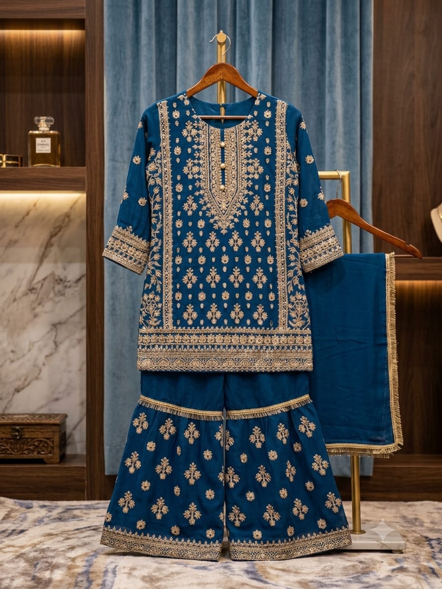 BMK-021 Luxury Girls Embroidered Chiffon Gharara 3 Piece Set