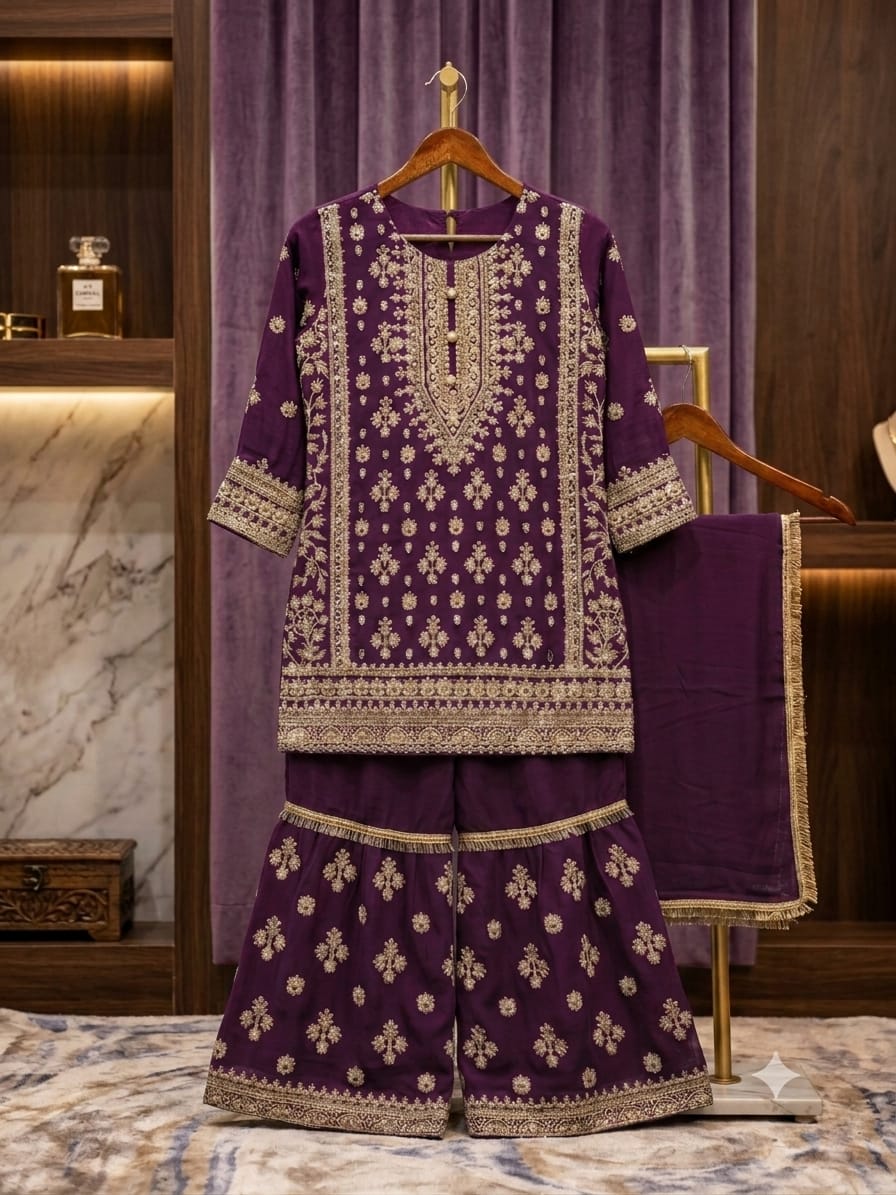 BMK-021 Luxury Girls Embroidered Chiffon Gharara 3 Piece Set