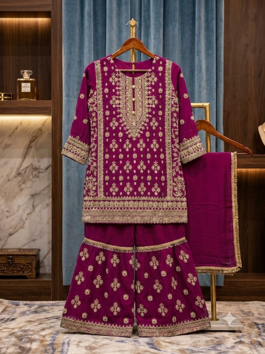 BMK-021 Luxury Girls Embroidered Chiffon Gharara 3 Piece Set