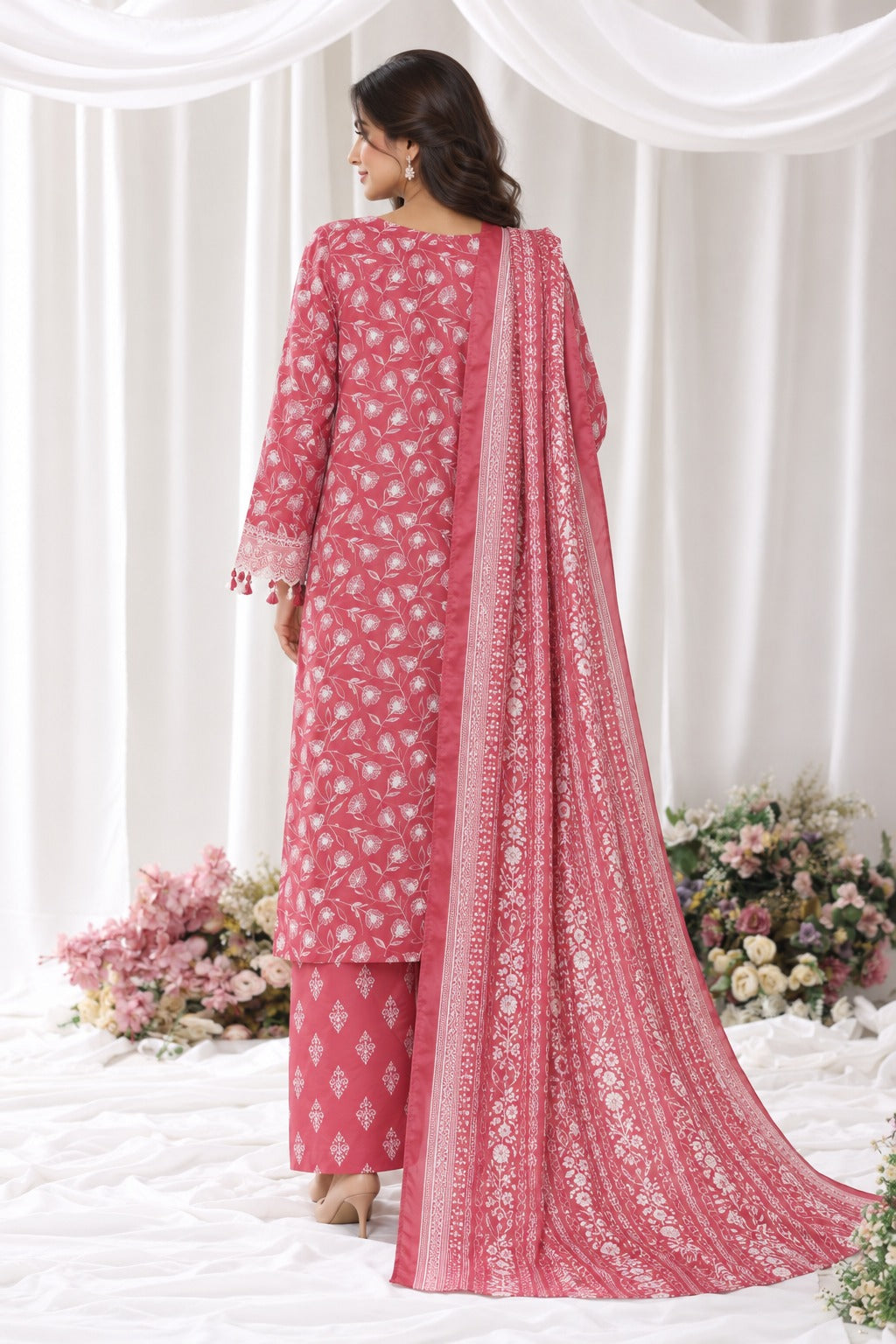 BNV-006 - Bin Saeed Luxury Light Viscose 3-Piece Suit - Rose Red