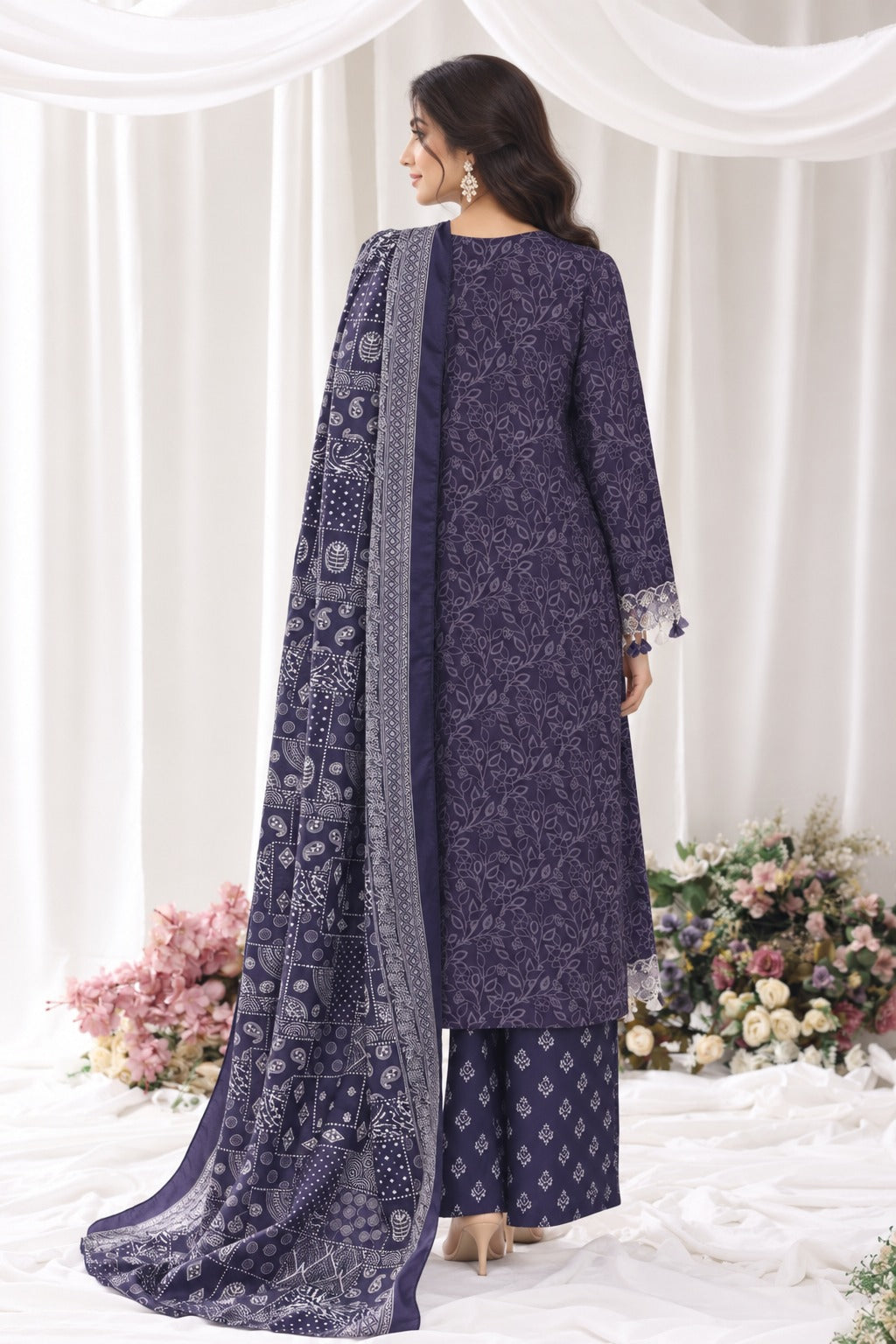 BNV-001 - Bin Saeed Luxury Light Viscose 3-Piece Suit - Deep Plum