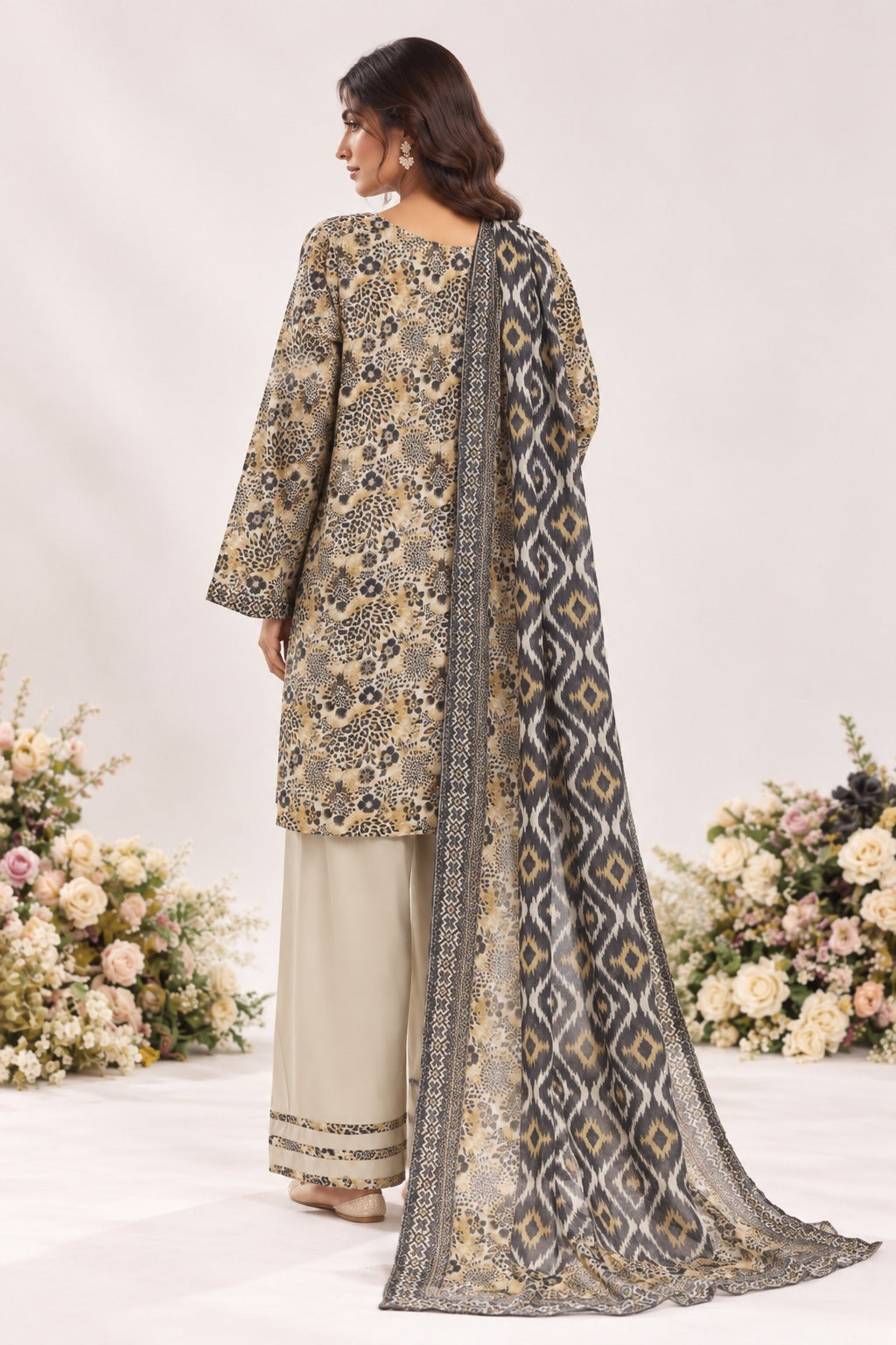 BNF-008 - Bin Saeed Farshi 3-Piece Suit - Sand Beige & Black Motif Print