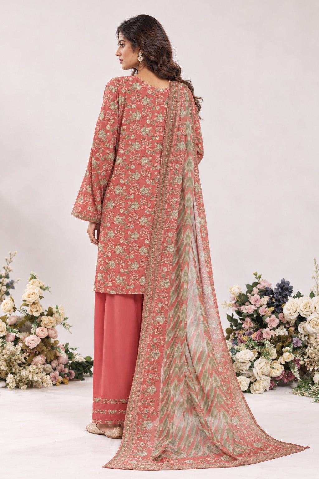 BNF-002 - Bin Saeed Farshi 3-Piece Suit - Coral Pink & Sage Floral