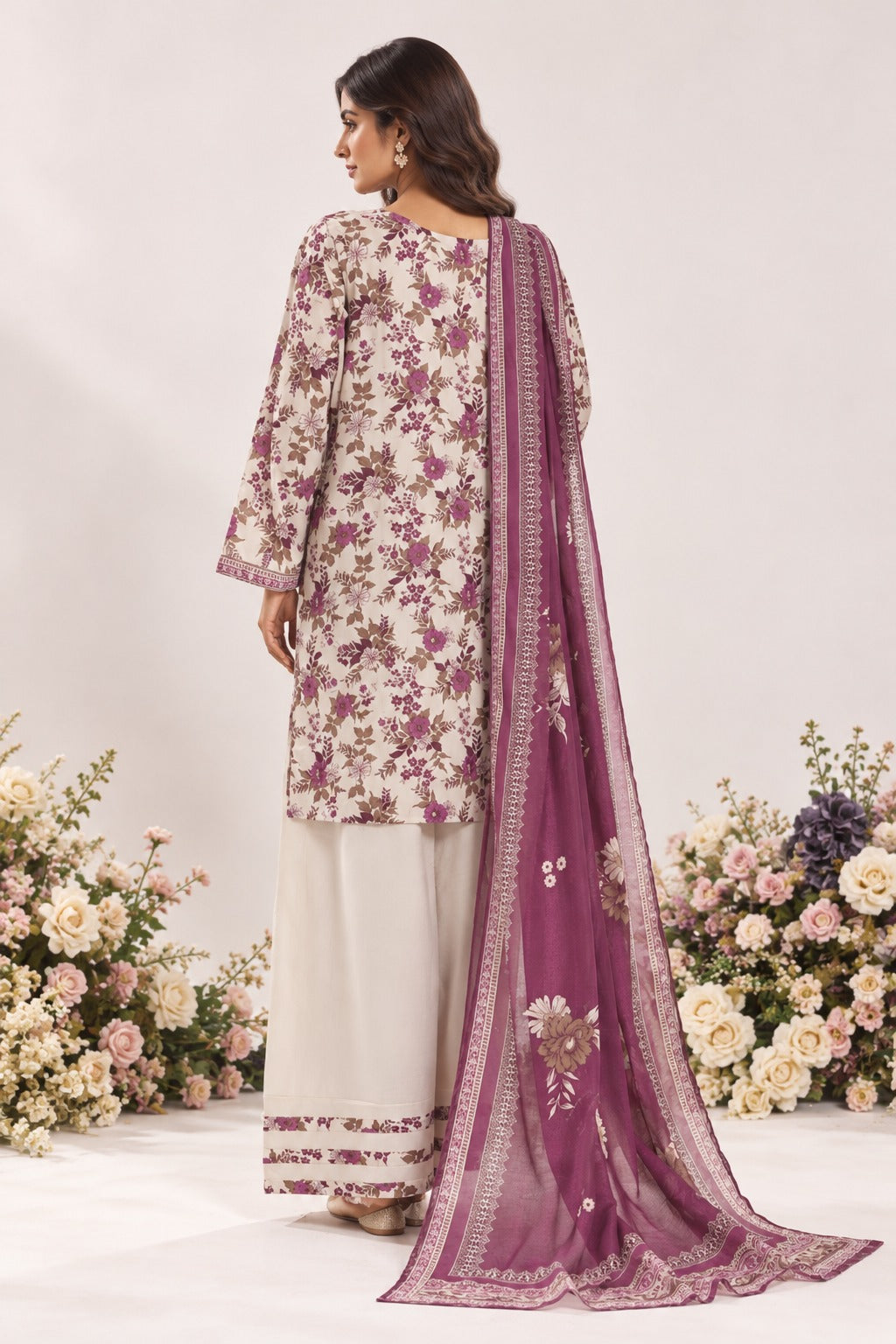 BNF-005 - Bin Saeed Farshi 3-Piece Suit - Ivory & Plum Floral