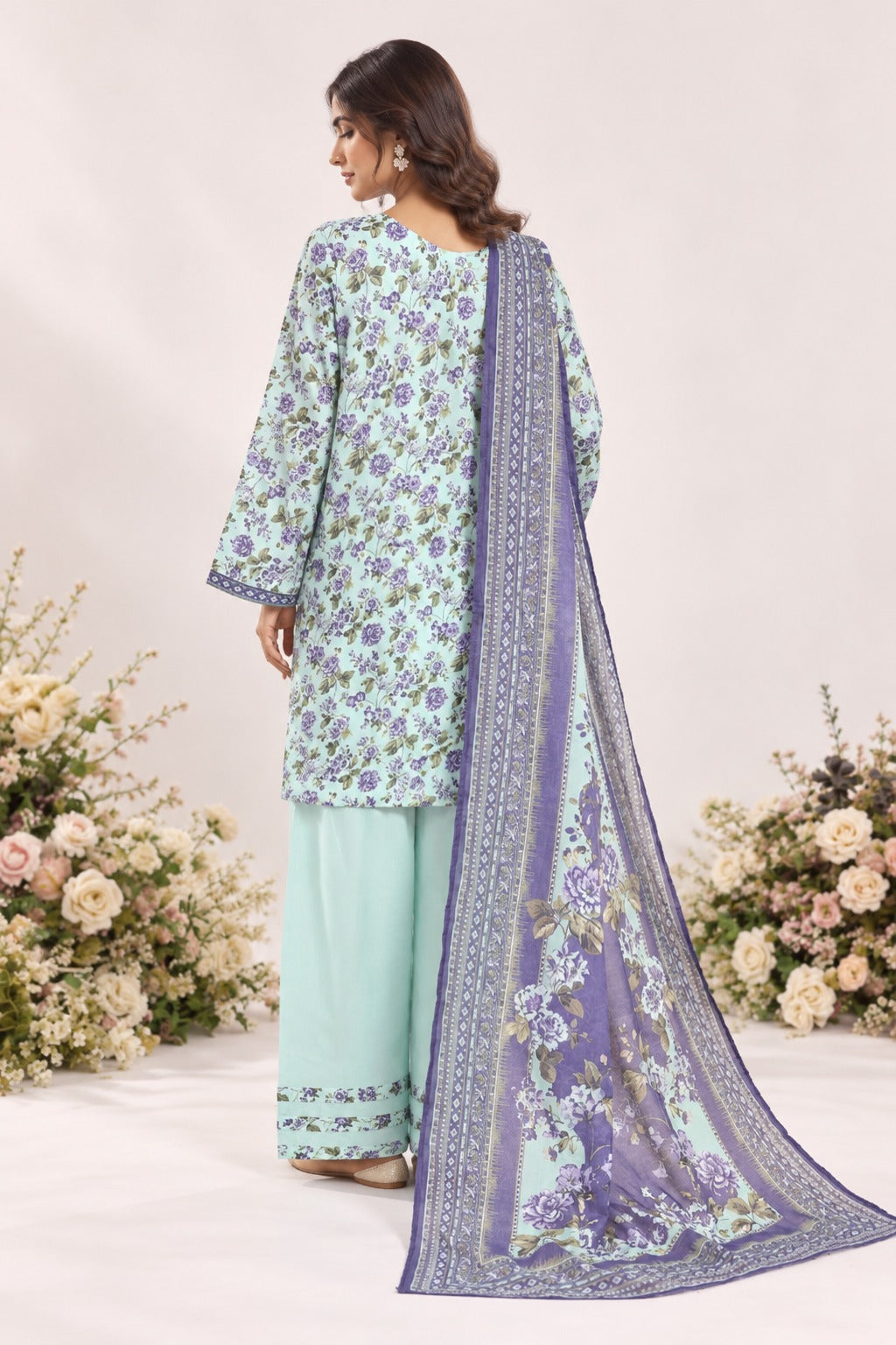 BNF-007 - Bin Saeed Farshi 3-Piece Suit - Mint & Lavender Floral