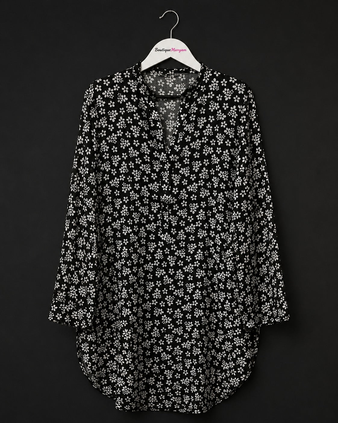 TUNIC-TOP-001 Black White Daisy Floral Long Sleeve Tonic Top