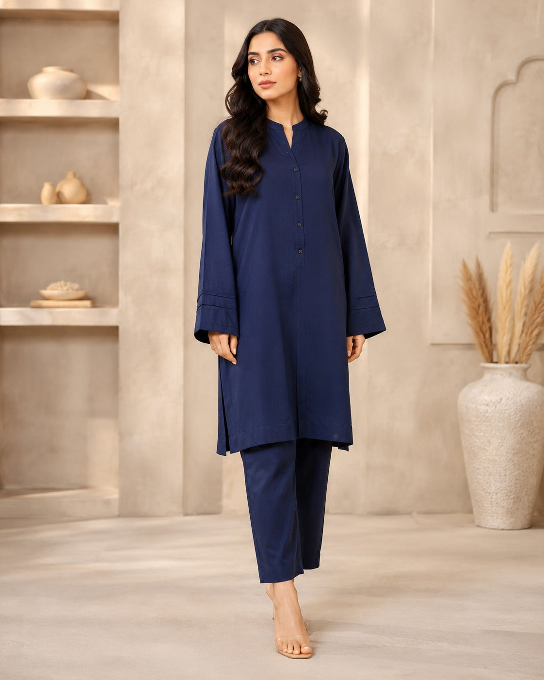 LC-02 Linen Navy Blue Matching Navy Blue Neck Band Collar Button Placket Solid Minimal 2PC Co-Ord Set