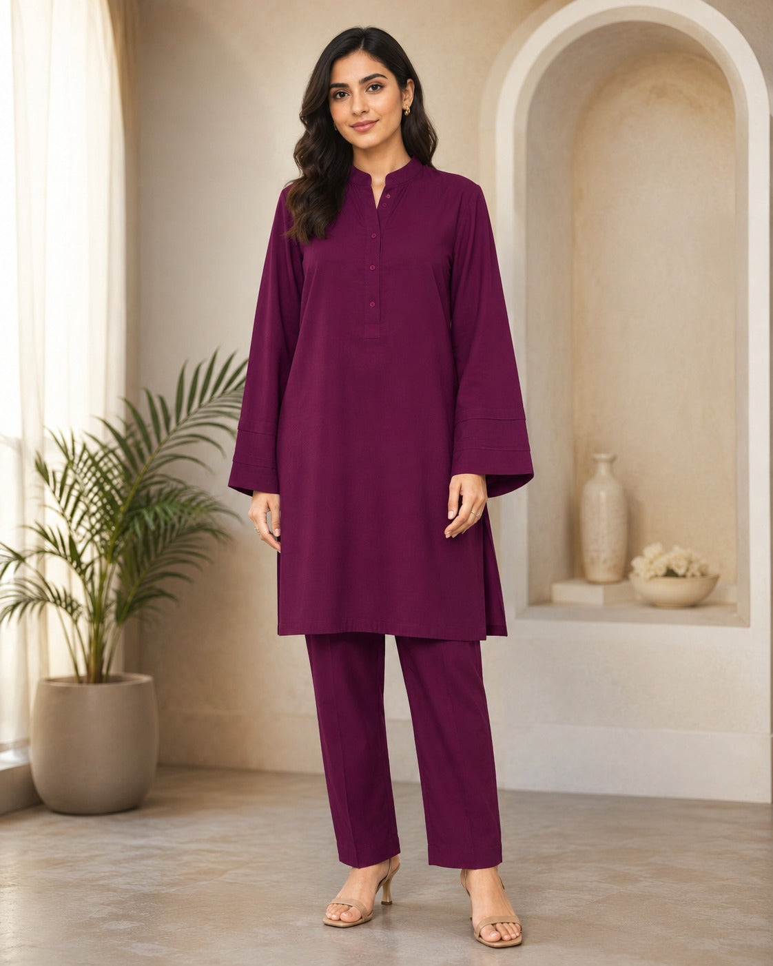 LC-04 Linen Wine Maroon Matching Wine Maroon Neck Band Collar Button Placket Solid Minimal 2PC Co-Ord Set