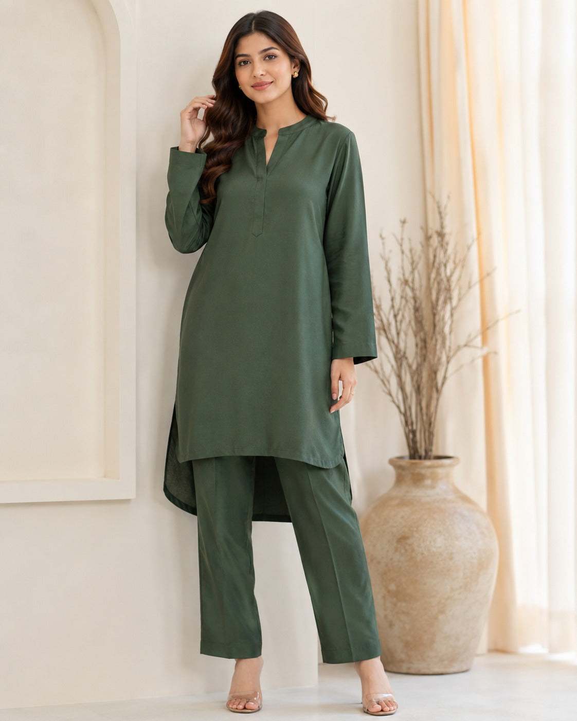 LC- 05 Linen Olive Green Matching Olive Green Neck Band Collar Button Placket Solid Minimal 2PC Co-Ord Set