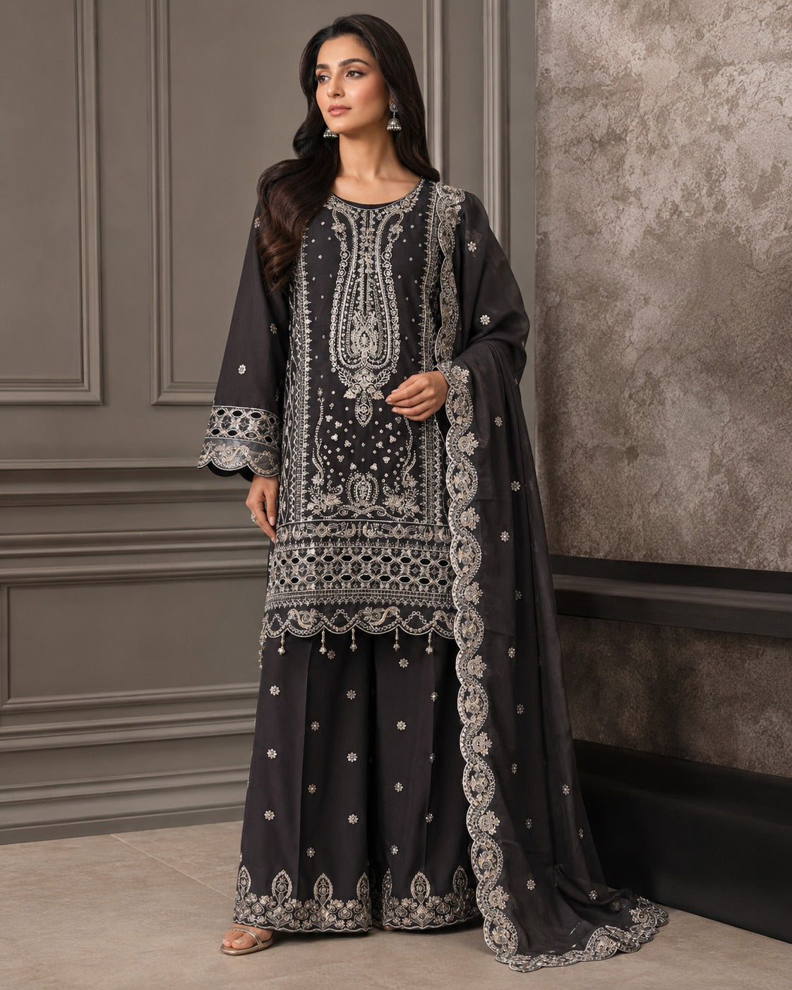 BF-004 Luxury Silver Zari & Stone Embroidered Suit