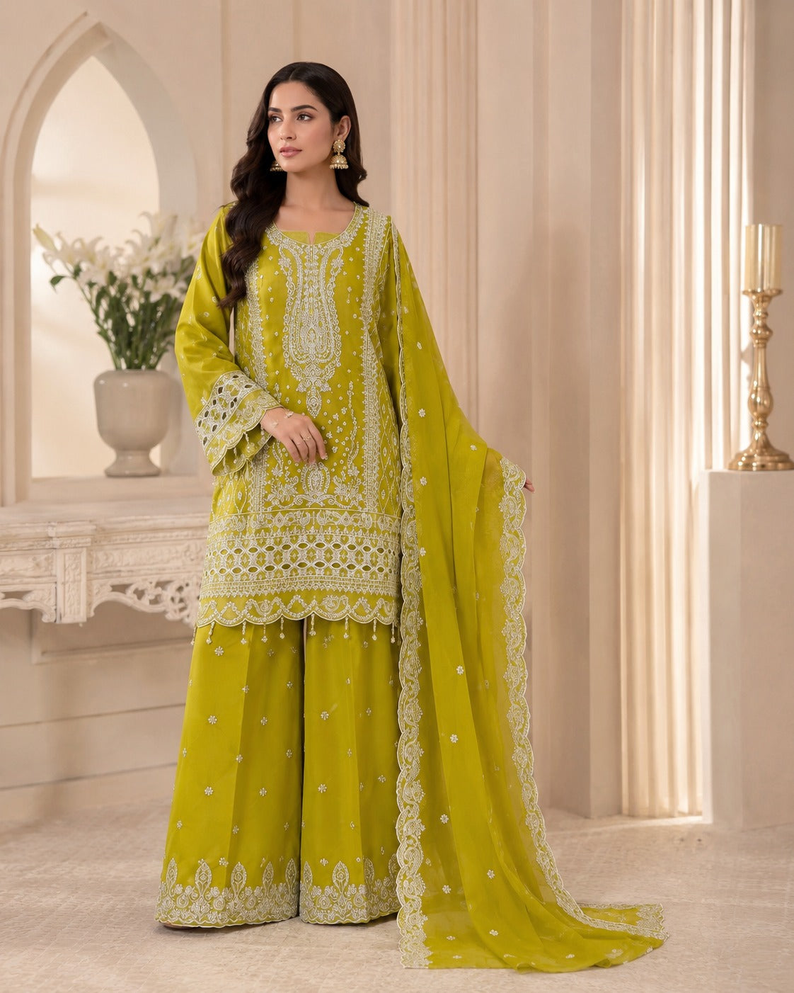 BF-004 Luxury Silver Zari & Stone Embroidered Suit