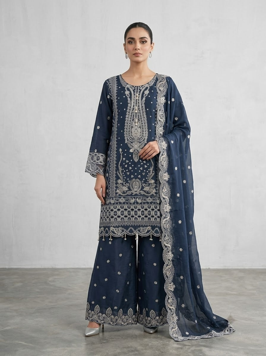 BF-004 Luxury Silver Zari & Stone Embroidered Suit