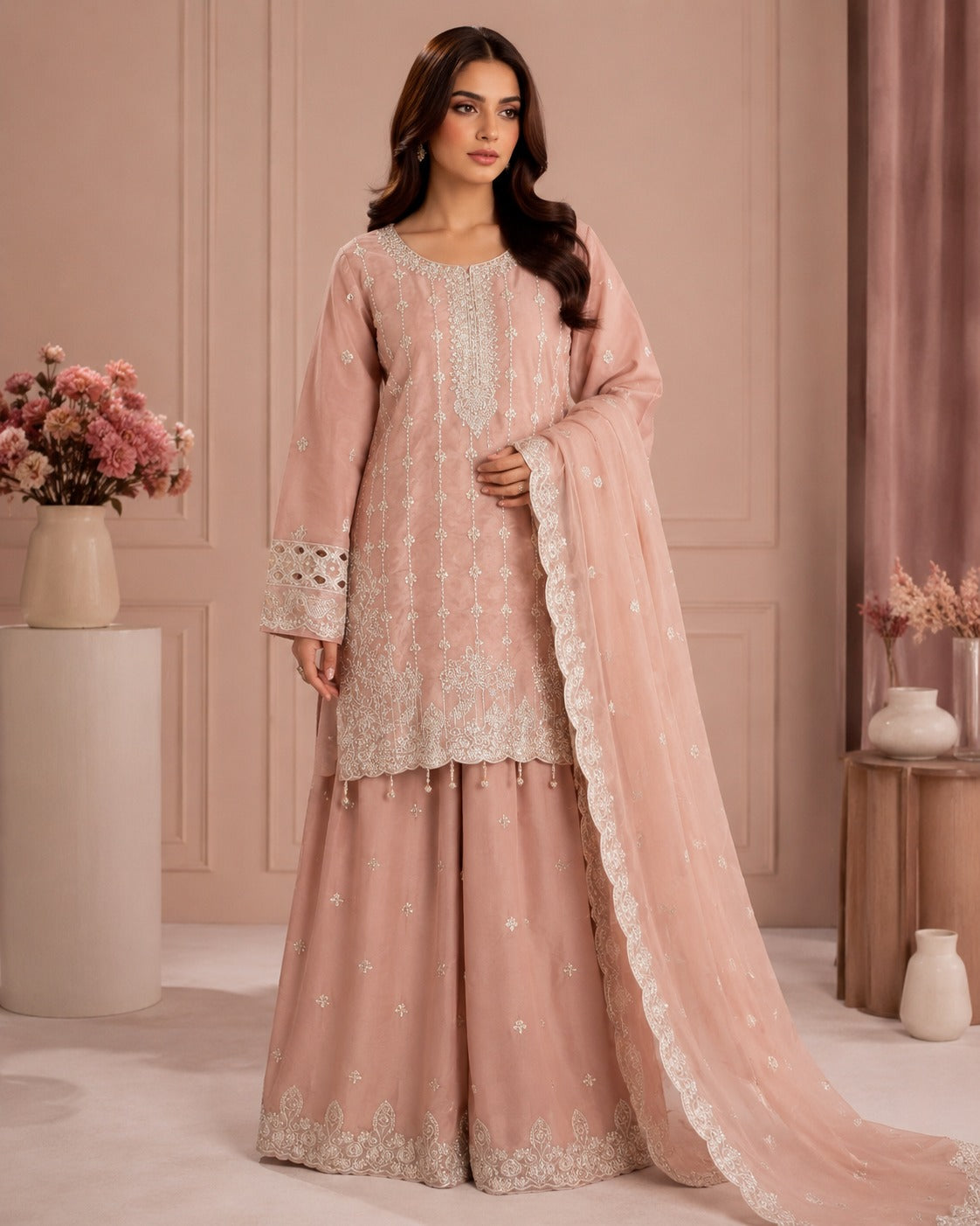 BM-CH-002 - Pearl Embroidered Chiffon Palazzo 3 Piece Suit