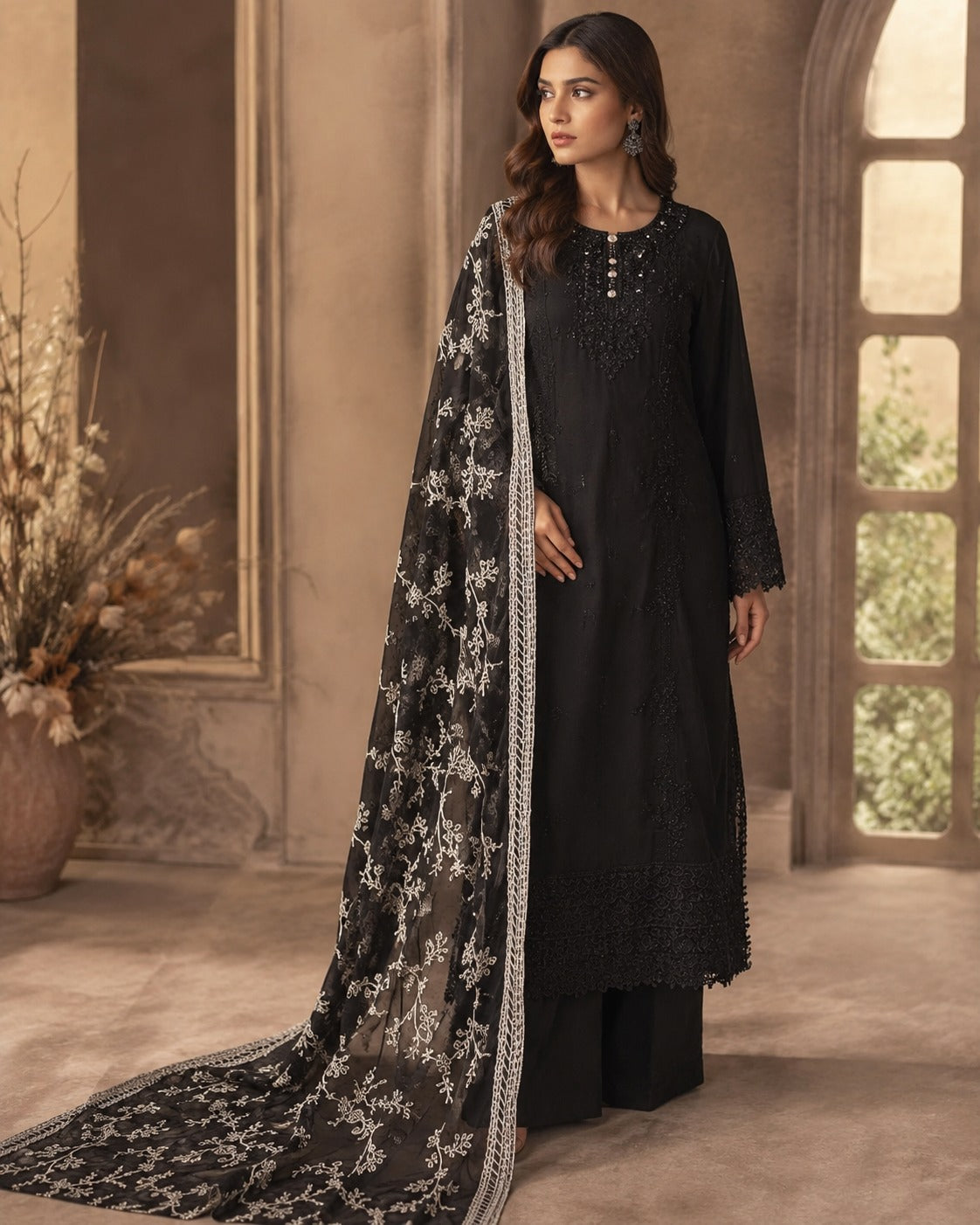BM-CH-001 - Chiffon Party Wear Machine Embroidered & Handwork Embellished 3 Piece Suit