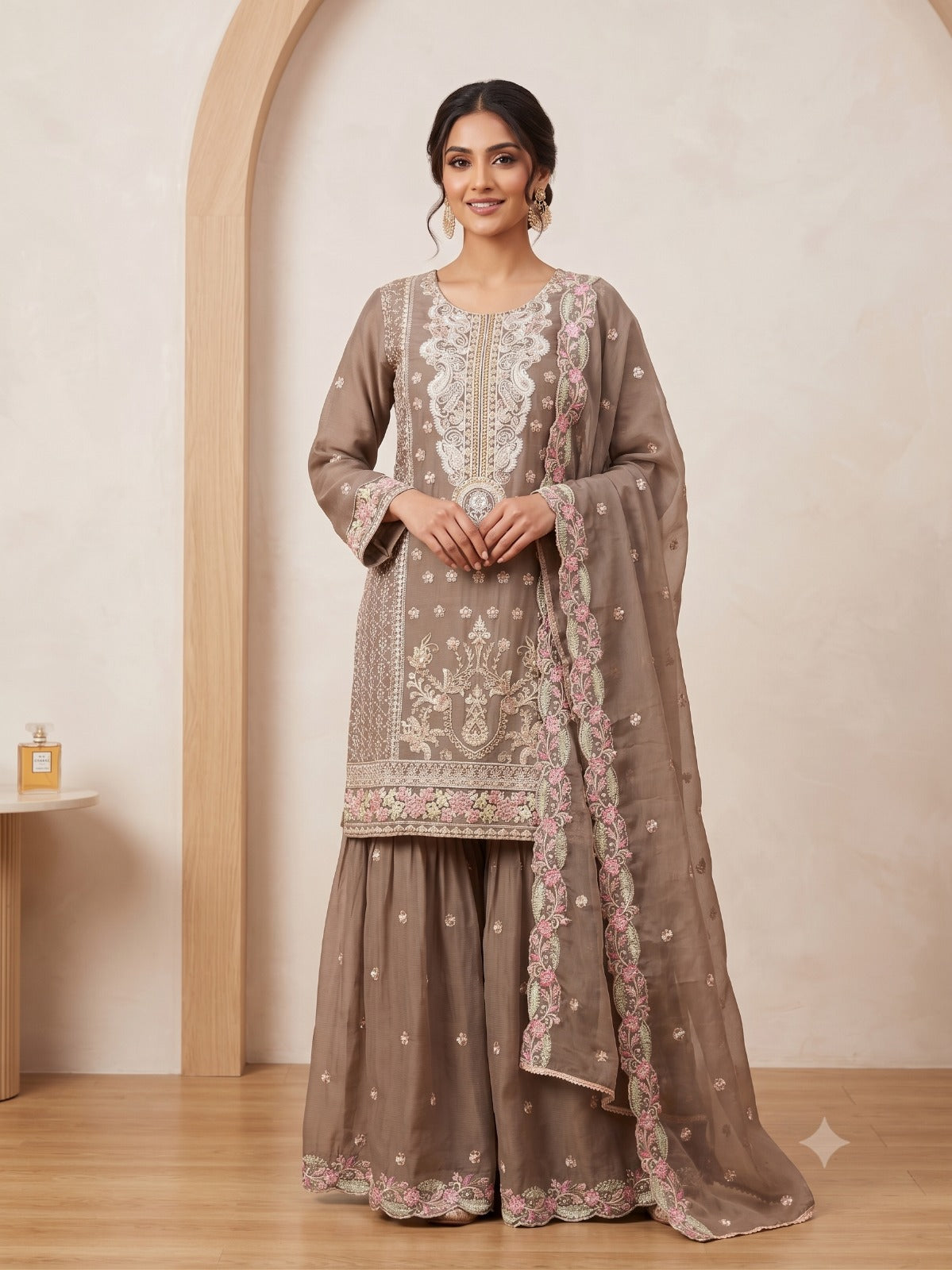 BM-CH-003 - Mocha Taupe - Floral Embroidered Chiffon Palazzo 3 Piece Suit
