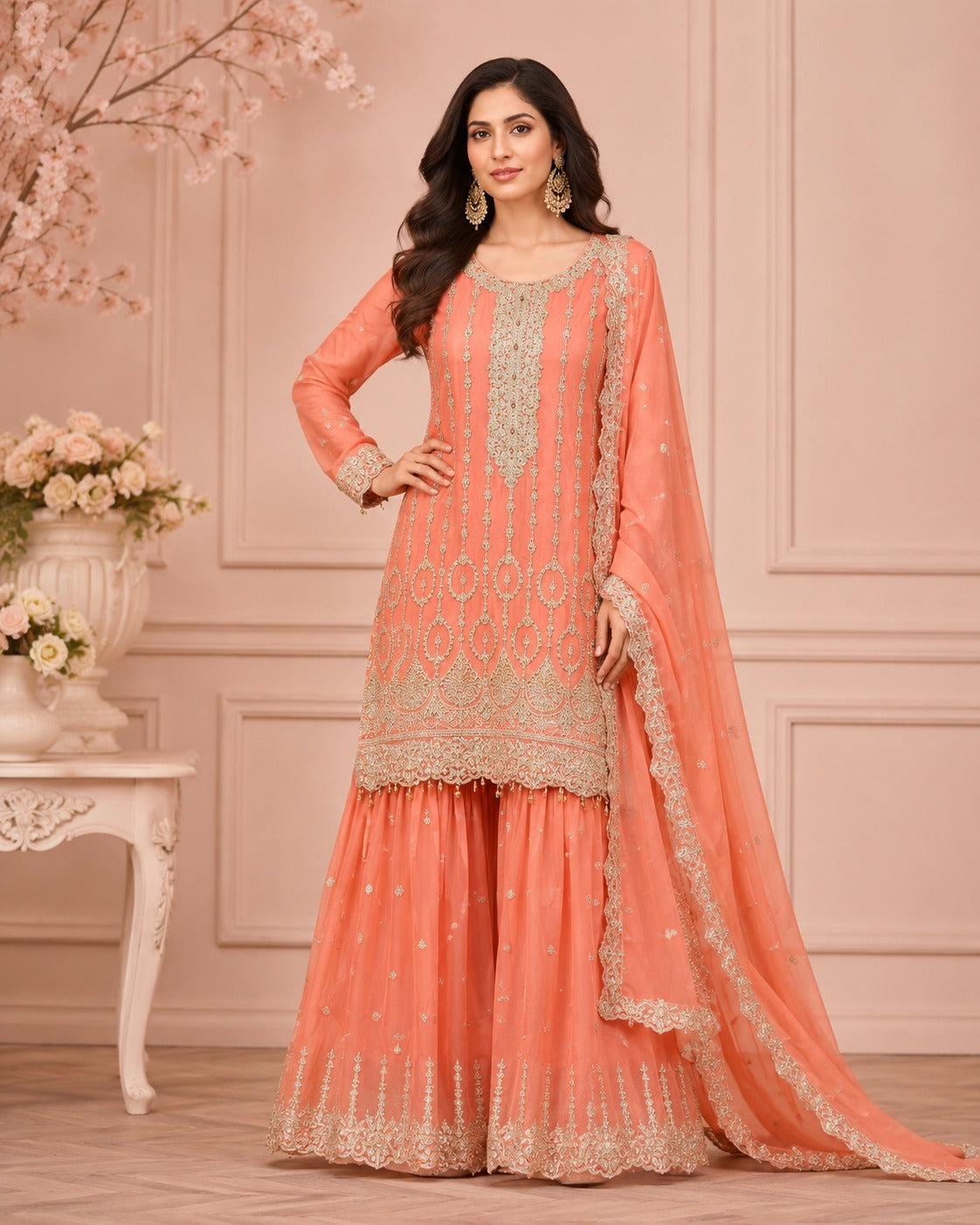 BM-CH-004 - Peach Coral - Zari Embroidered Chiffon Gharara 3 Piece Suit