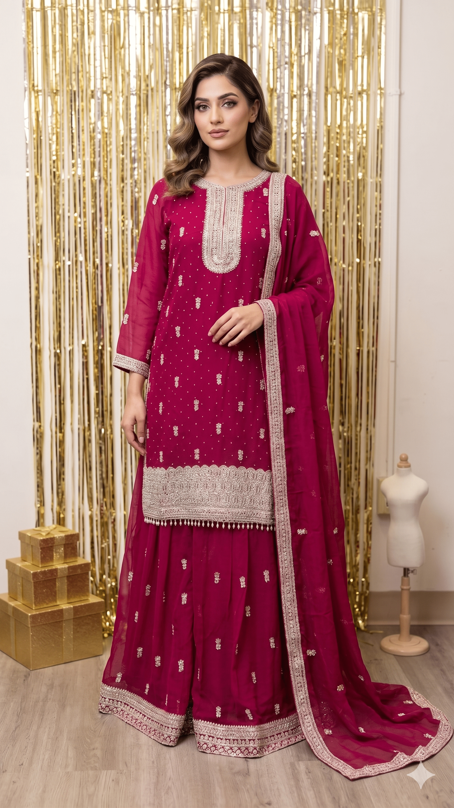 BF - 01 3PC DMC Stone Work Gharara Suit | Heavy Designer Wedding Wear - Boutique By MaryamBoutique By MaryamBoutique By MaryammagentasBF - 01 3PC DMC Stone Work Gharara Suit | Heavy Designer Wedding Wear