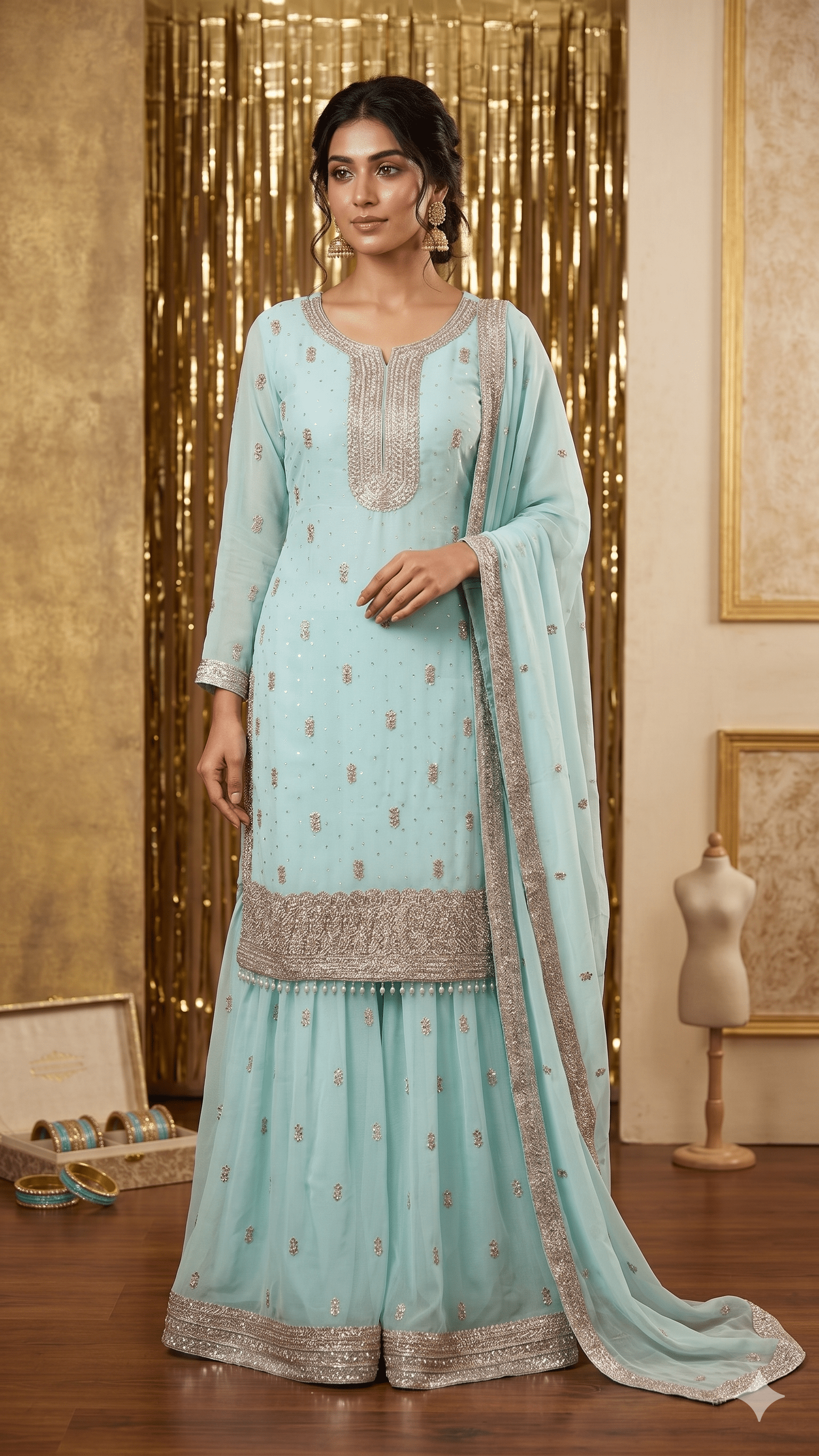 BF - 01 3PC DMC Stone Work Gharara Suit | Heavy Designer Wedding Wear - Boutique By MaryamBoutique By MaryamBoutique By Maryamlight - skysBF - 01 3PC DMC Stone Work Gharara Suit | Heavy Designer Wedding Wear