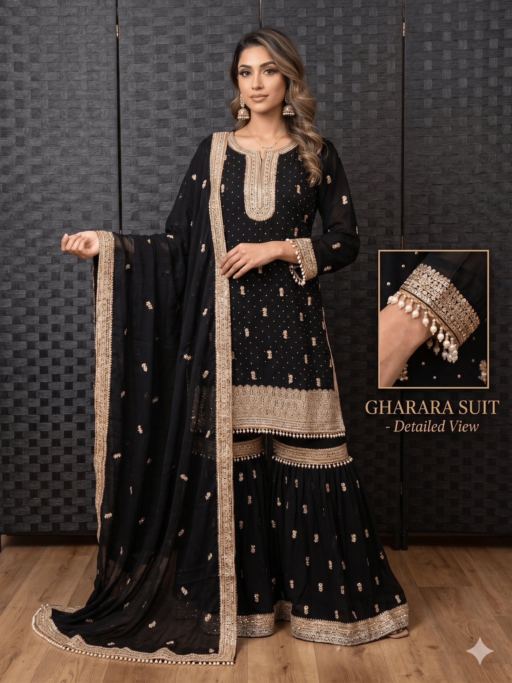 BF - 01 3PC DMC Stone Work Gharara Suit | Heavy Designer Wedding Wear - Boutique By MaryamBoutique By MaryamBoutique By MaryamblacksBF - 01 3PC DMC Stone Work Gharara Suit | Heavy Designer Wedding Wear
