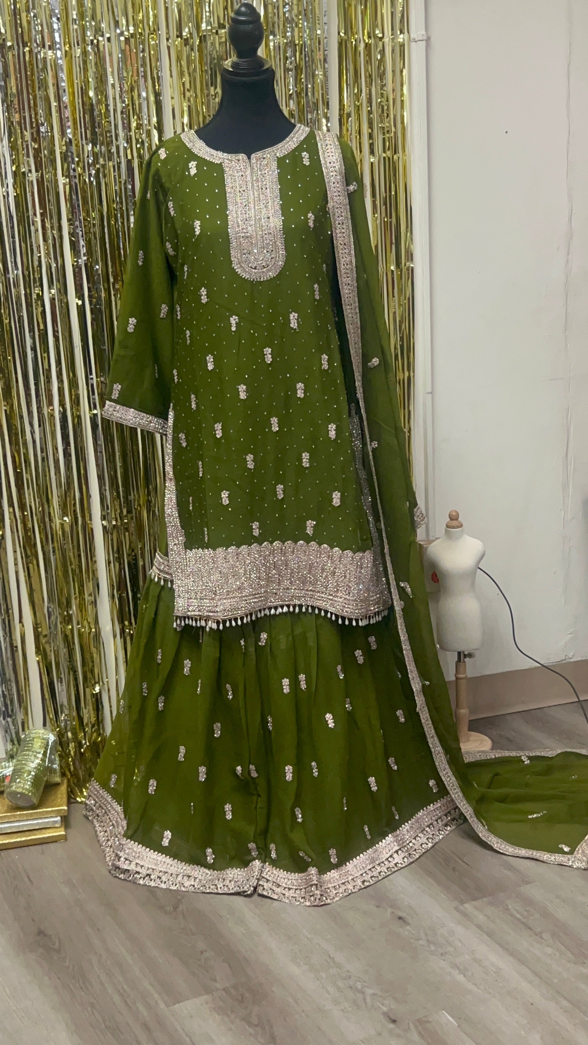 BF - 01 3PC DMC Stone Work Gharara Suit | Heavy Designer Wedding Wear - Boutique By MaryamBoutique By MaryamBoutique By Maryambottle - greensBF - 01 3PC DMC Stone Work Gharara Suit | Heavy Designer Wedding Wear