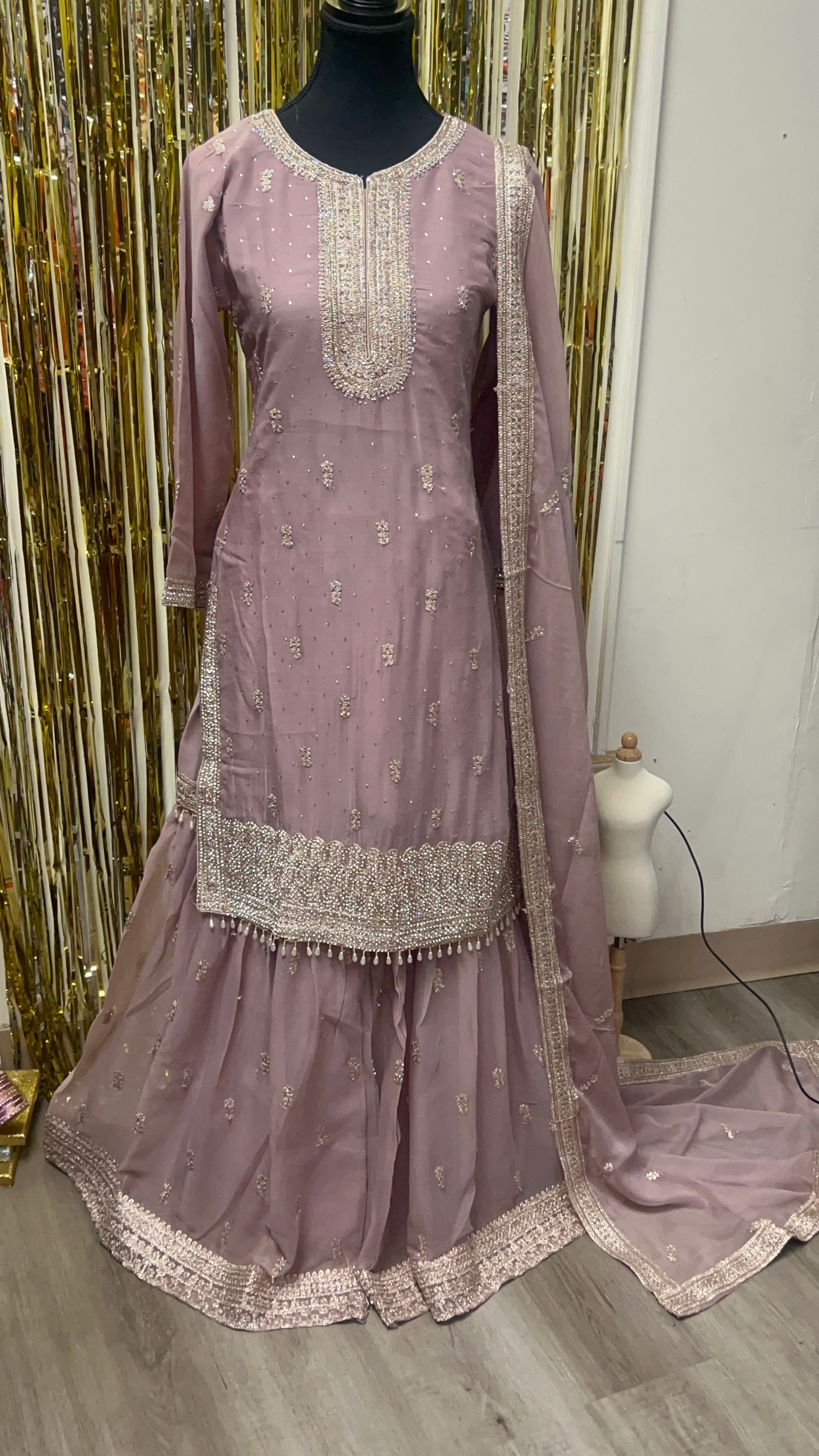 BF - 01 3PC DMC Stone Work Gharara Suit | Heavy Designer Wedding Wear - Boutique By MaryamBoutique By MaryamBoutique By Maryamdusty - pinksBF - 01 3PC DMC Stone Work Gharara Suit | Heavy Designer Wedding Wear