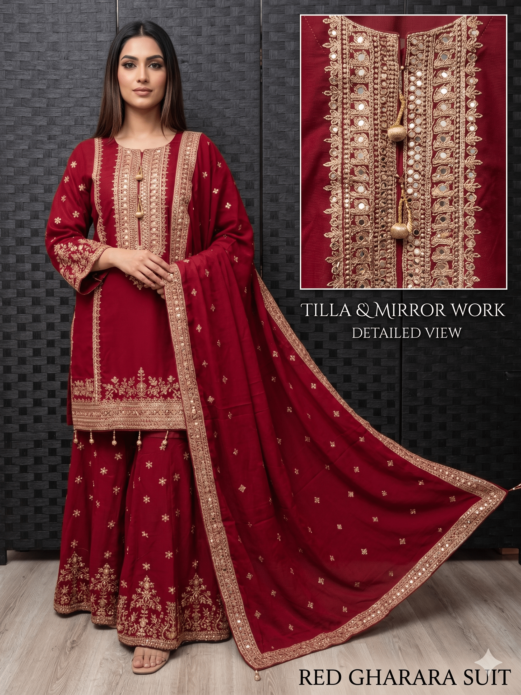 BF - 024 3PC Golden Zari Work Suit with Gharara | Traditional Wedding Wear - Boutique By MaryamBalreejFashionsBoutique By MaryammaroonsBF - 024 3PC Golden Zari Work Suit with Gharara | Traditional Wedding Wear