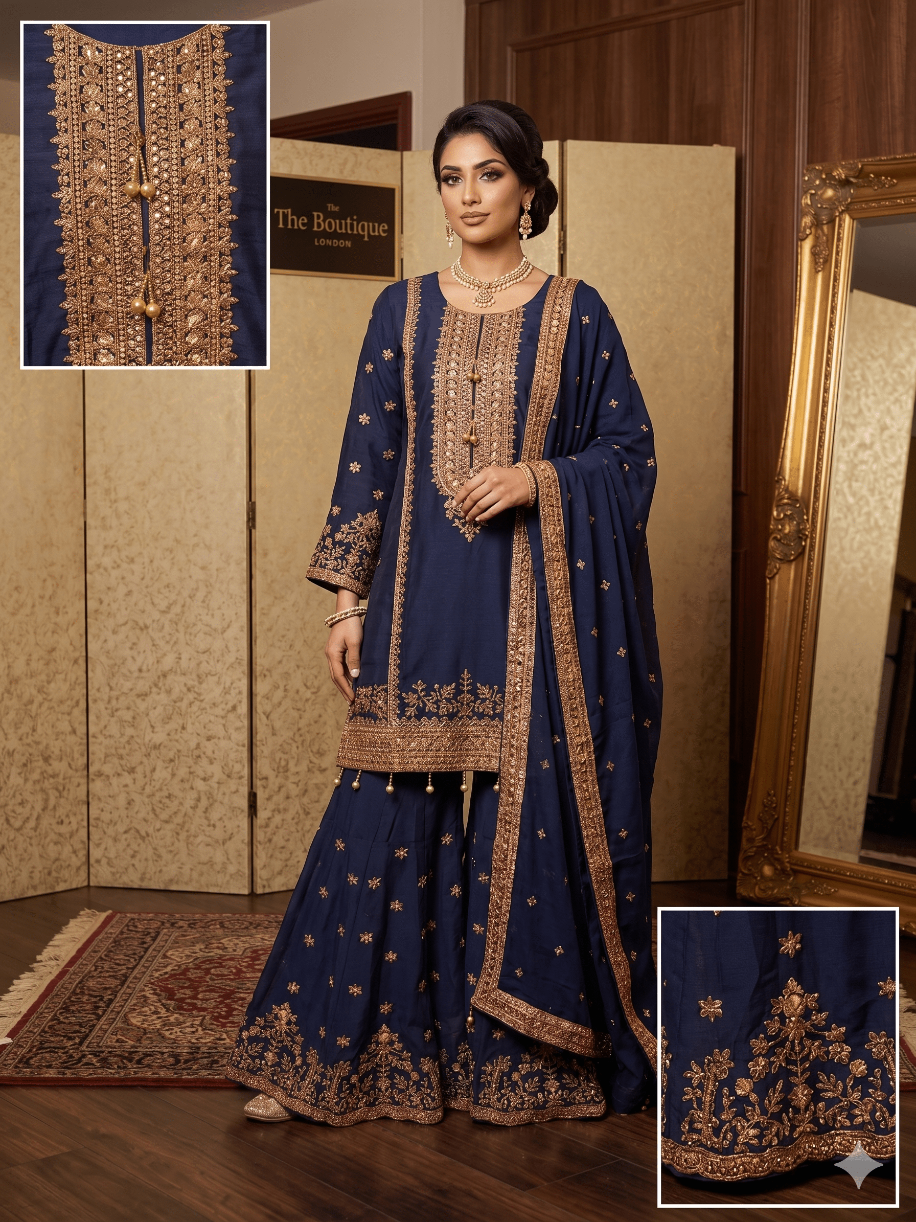 BF - 024 3PC Golden Zari Work Suit with Gharara | Traditional Wedding Wear - Boutique By MaryamBalreejFashionsBoutique By Maryamnavy - blue - 1sBF - 024 3PC Golden Zari Work Suit with Gharara | Traditional Wedding Wear