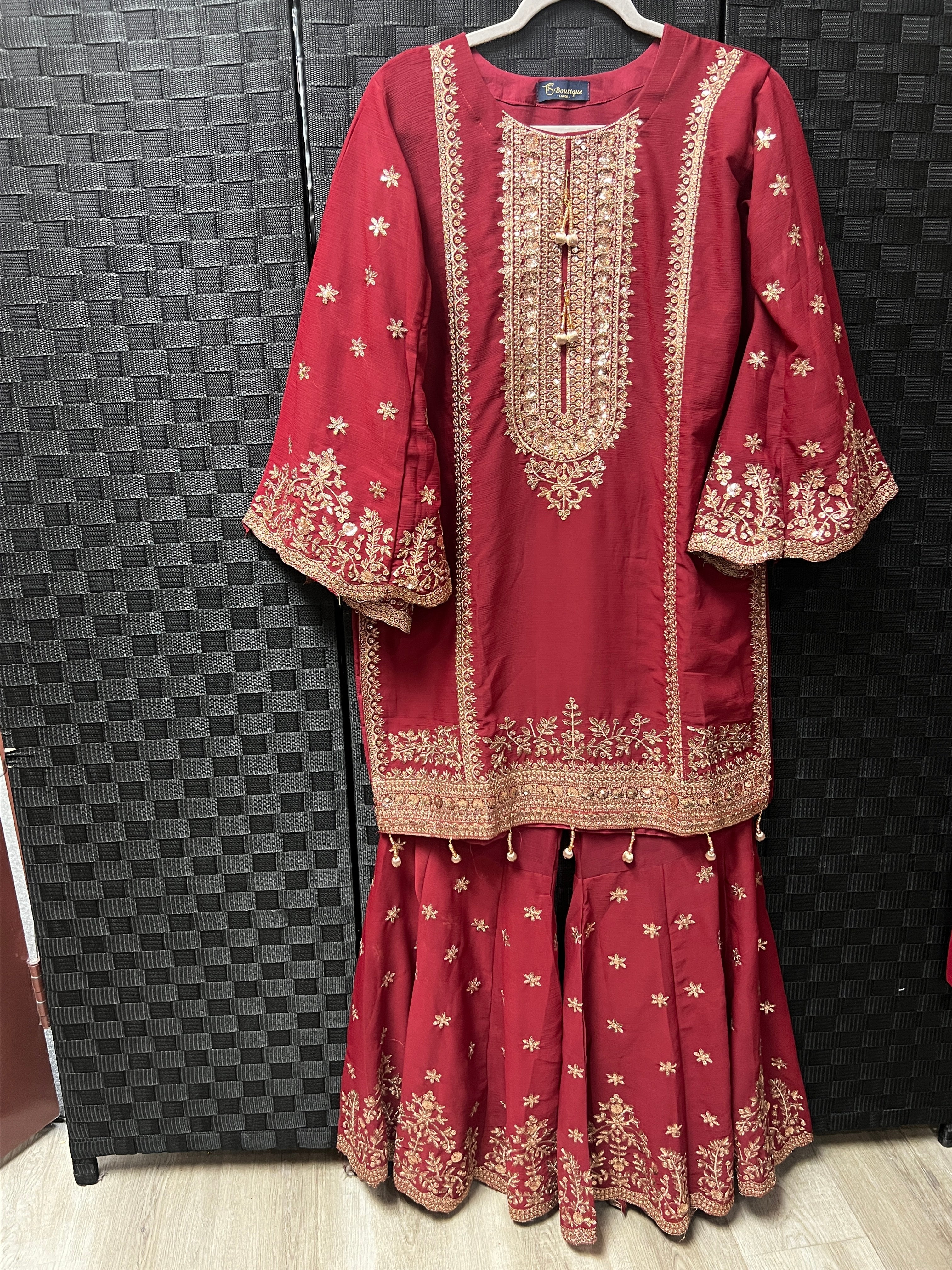 BF - 024 3PC Golden Zari Work Suit with Gharara | Traditional Wedding Wear - Boutique By MaryamBalreejFashionsBoutique By MaryammaroonsBF - 024 3PC Golden Zari Work Suit with Gharara | Traditional Wedding Wear