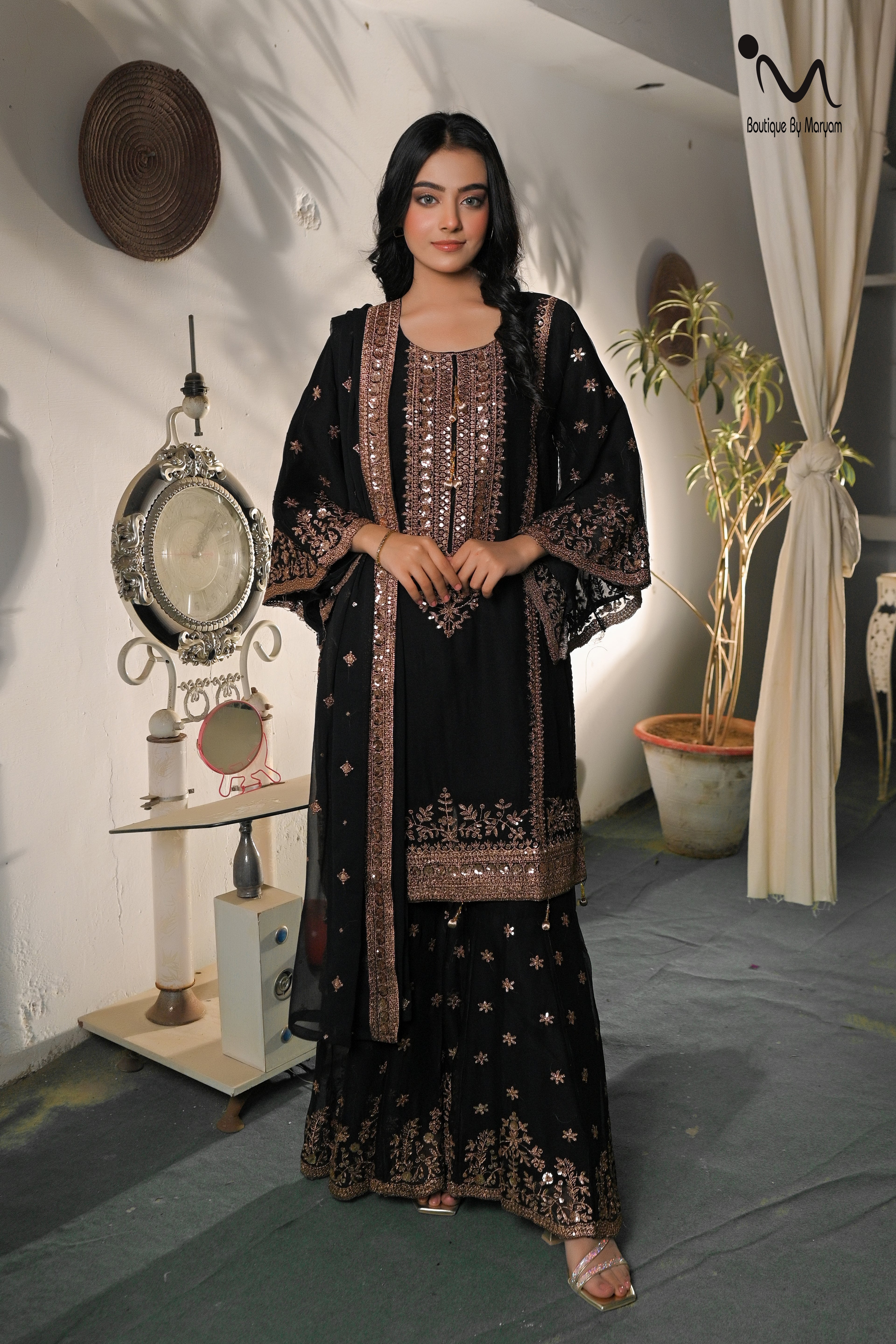 BF - 024 3PC Golden Zari Work Suit with Gharara | Traditional Wedding Wear - Boutique By MaryamBalreejFashionsBoutique By MaryamBF-025-Black-SblacksBF - 024 3PC Golden Zari Work Suit with Gharara | Traditional Wedding Wear