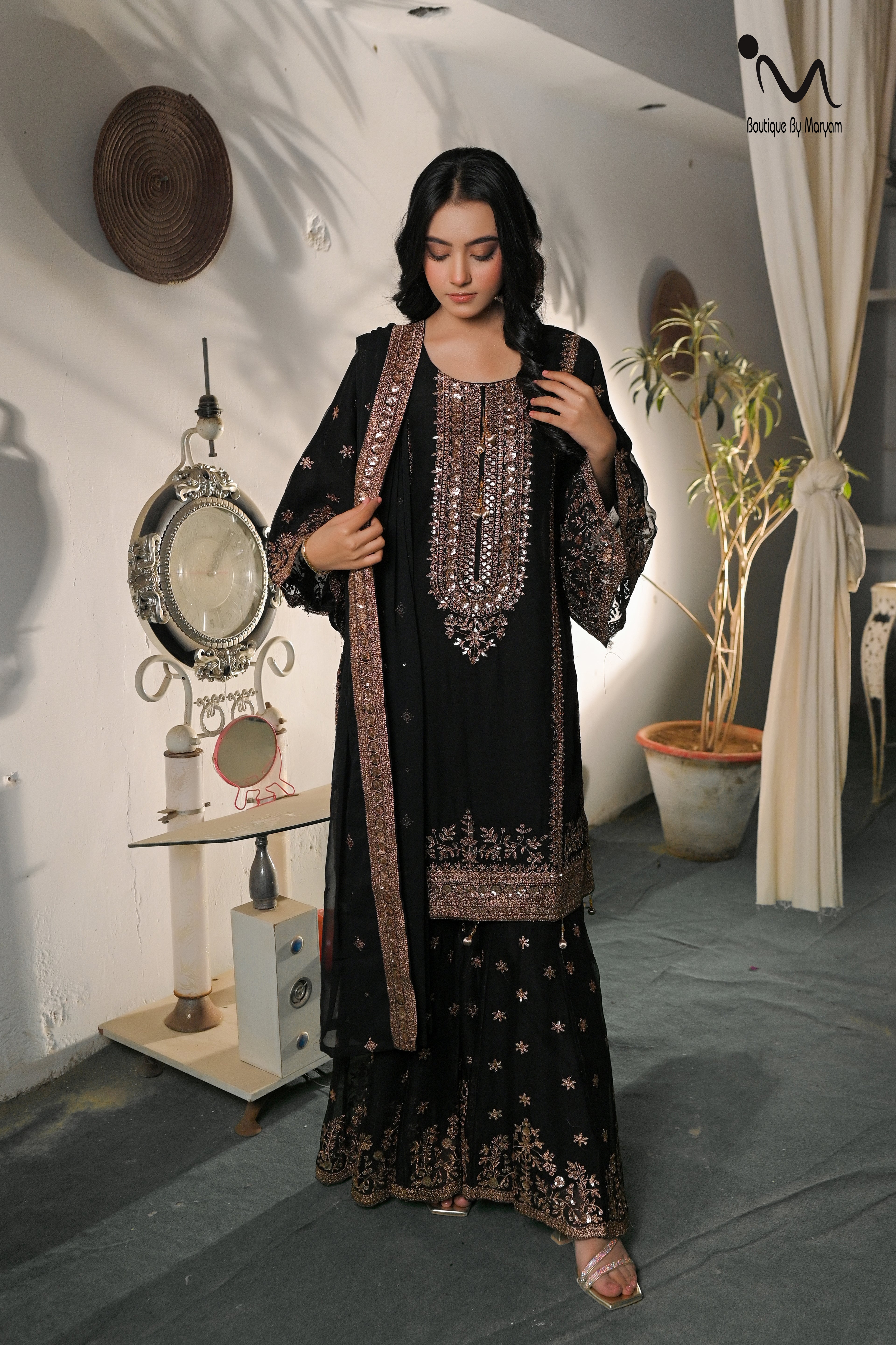 BF - 024 3PC Golden Zari Work Suit with Gharara | Traditional Wedding Wear - Boutique By MaryamBalreejFashionsBoutique By MaryamBF-025-Black-SblacksBF - 024 3PC Golden Zari Work Suit with Gharara | Traditional Wedding Wear