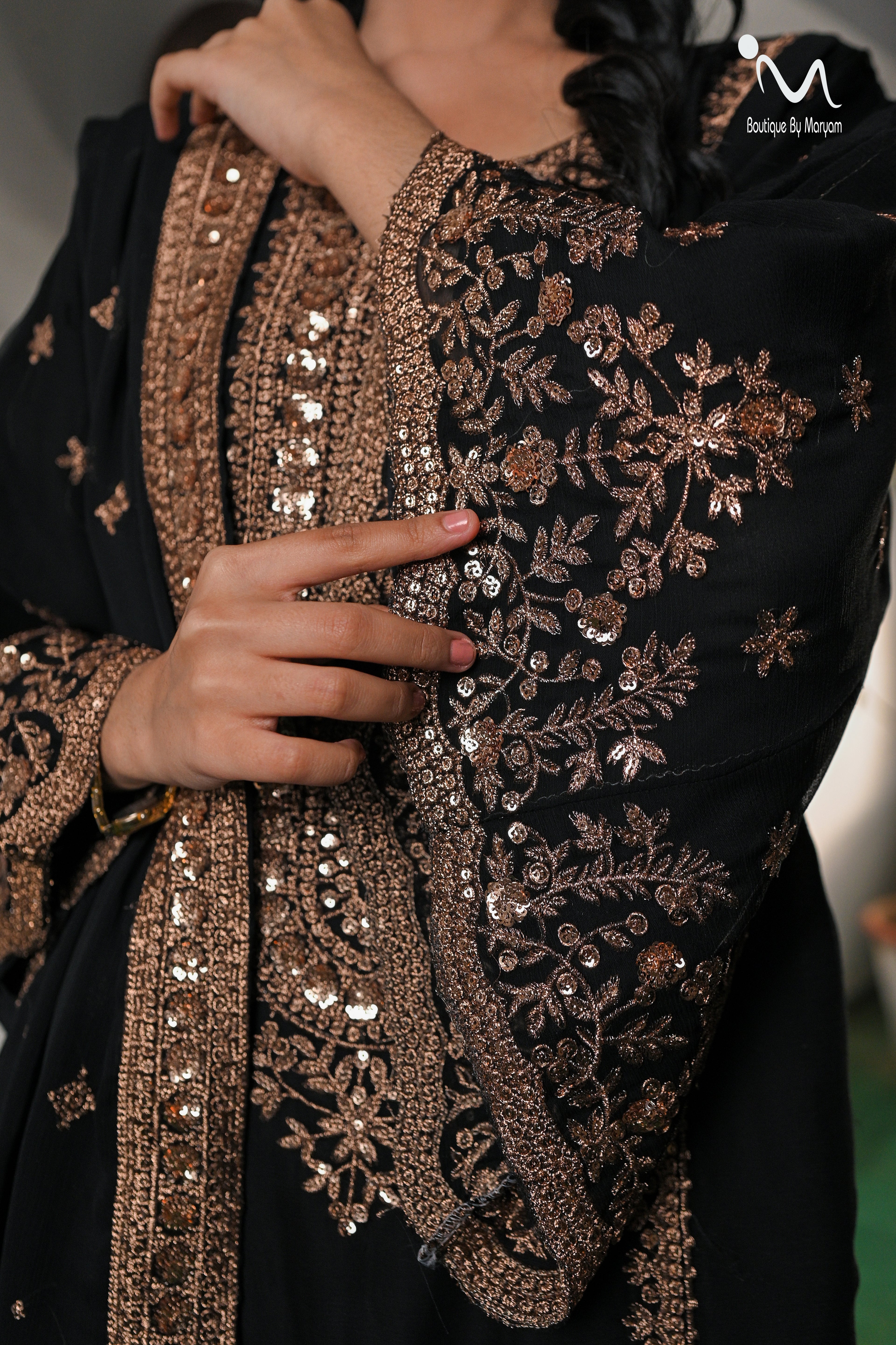 BF - 024 3PC Golden Zari Work Suit with Gharara | Traditional Wedding Wear - Boutique By MaryamBalreejFashionsBoutique By MaryamBF-025-Black-SblacksBF - 024 3PC Golden Zari Work Suit with Gharara | Traditional Wedding Wear